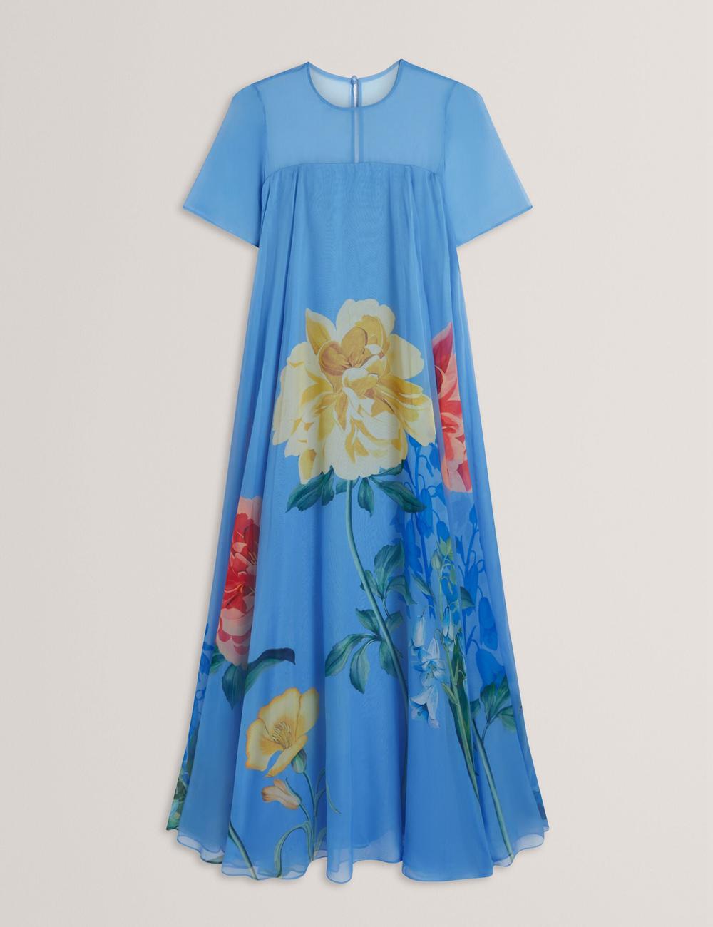 Mid-Blue Women Ted Baker MALRIE - Sheer Neck Floral Trapeze Maxi Dresses | NZ  SNOM-32685