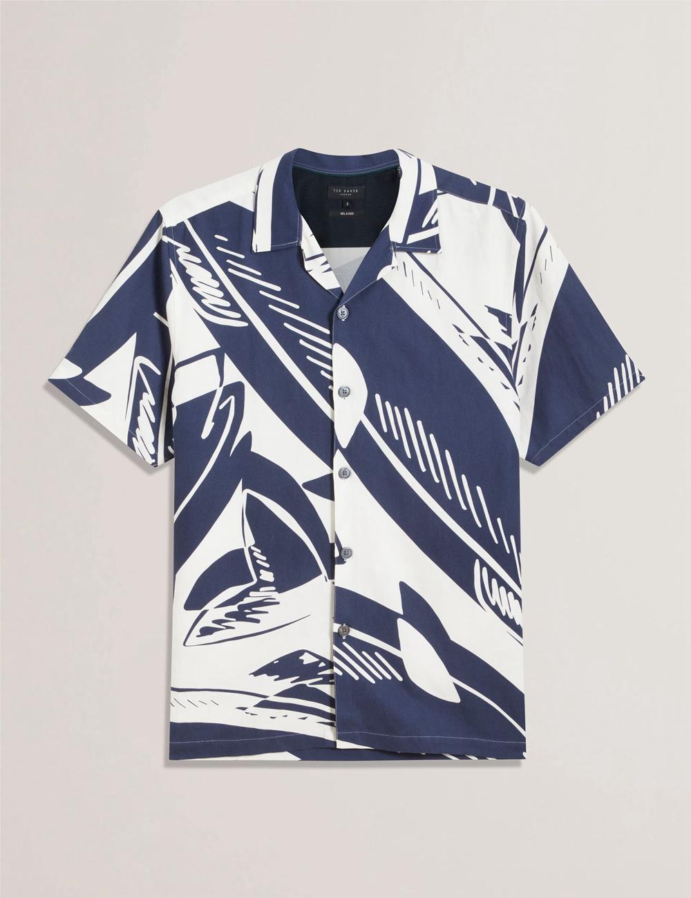 Mid-Navy Men Ted Baker HEUKELS - Short Sleeve Relaxed Fish Print Casual Shirts | NZ  AFYU-39508