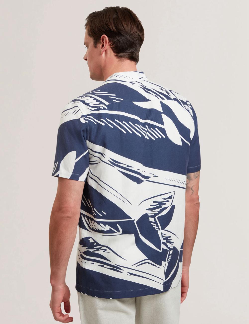Mid-Navy Men Ted Baker HEUKELS - Short Sleeve Relaxed Fish Print Casual Shirts | NZ  AFYU-39508