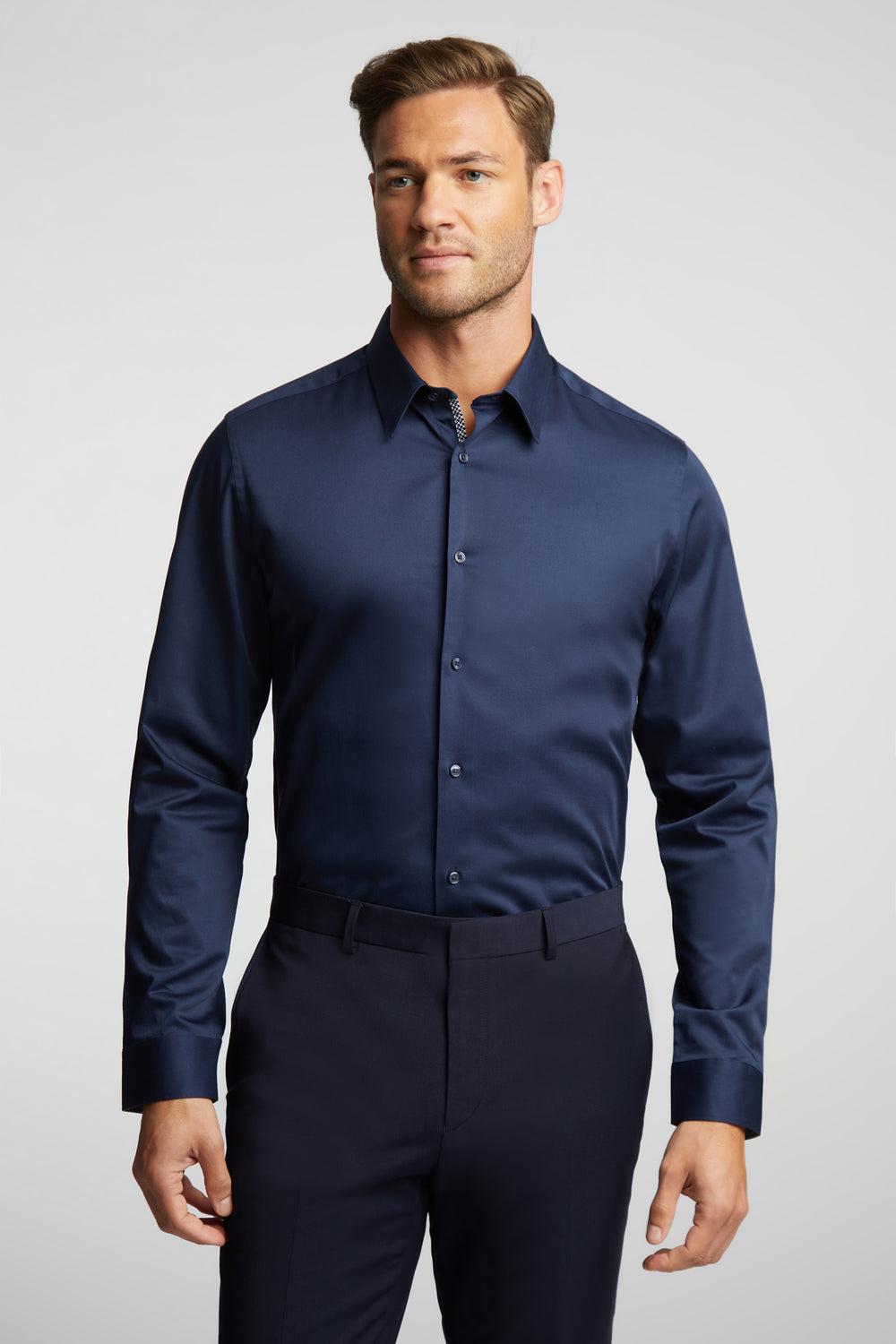 Navy Men Ted Baker DUDDON - Navy Slim Fit Long Sleeve Cotton Formal Shirts | NZ  EILG-24361