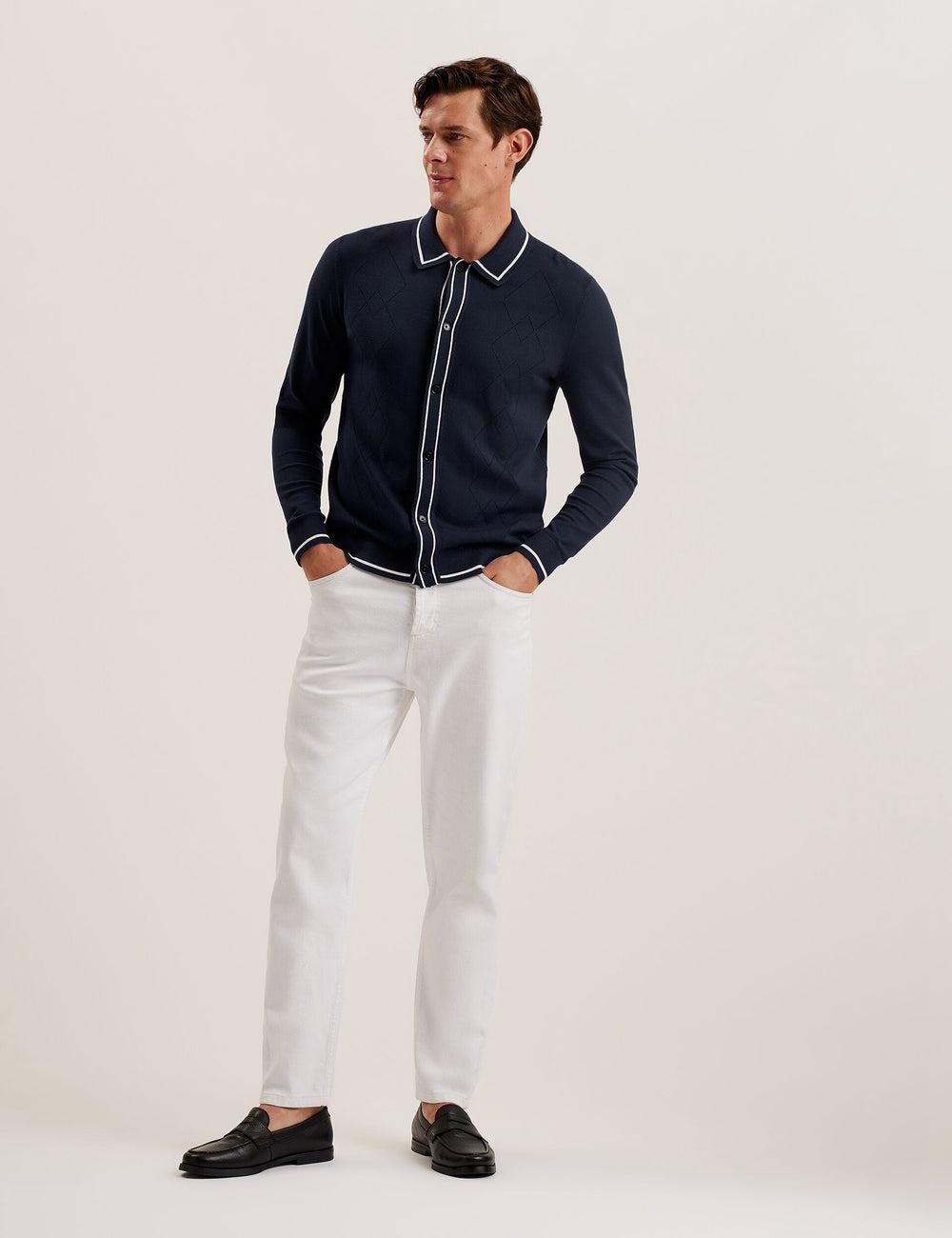Navy Men Ted Baker ELMDON LS Diamond Button Through Casual Shirts | NZ  ZFGX-85934