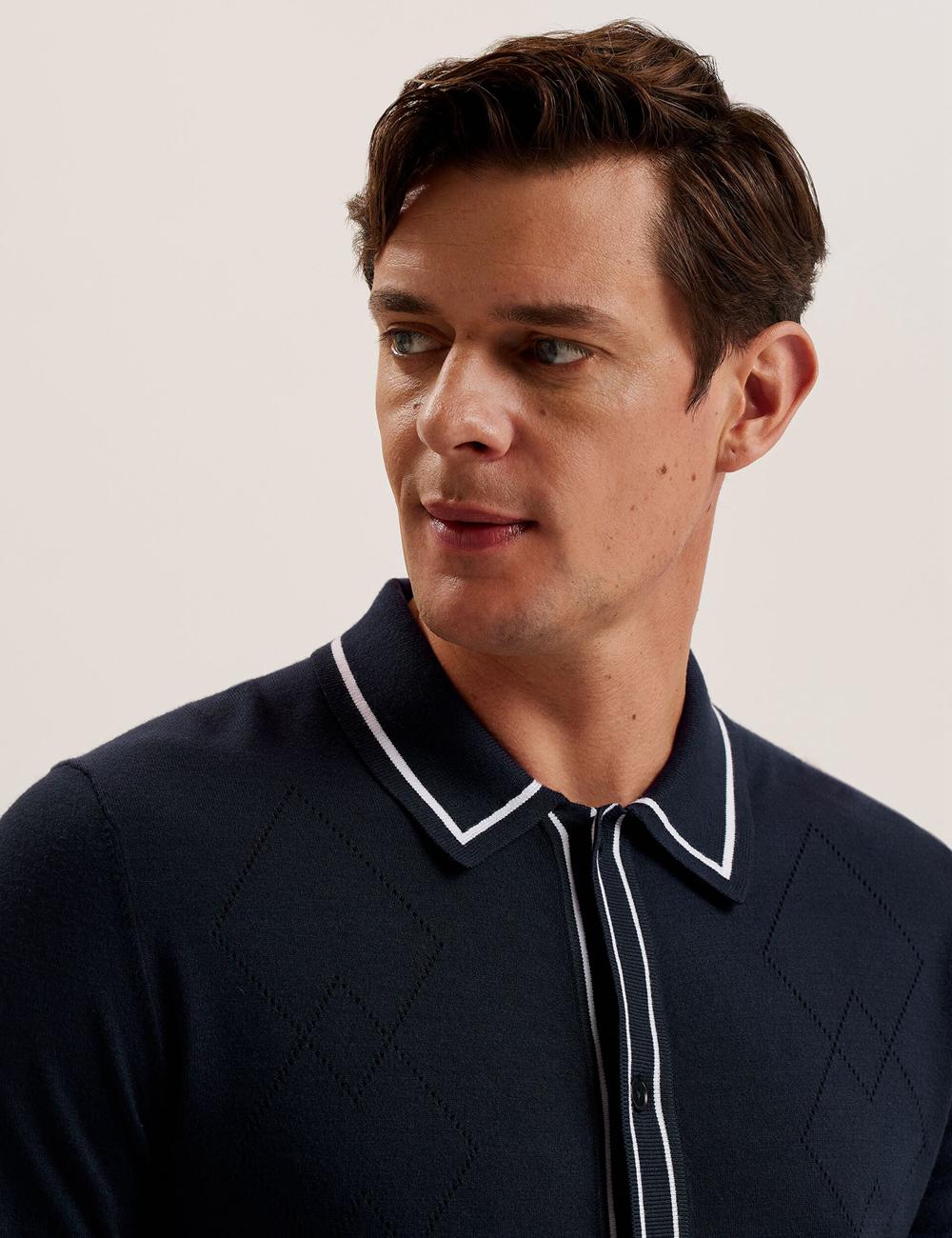 Navy Men Ted Baker ELMDON LS Diamond Button Through Casual Shirts | NZ  ZFGX-85934
