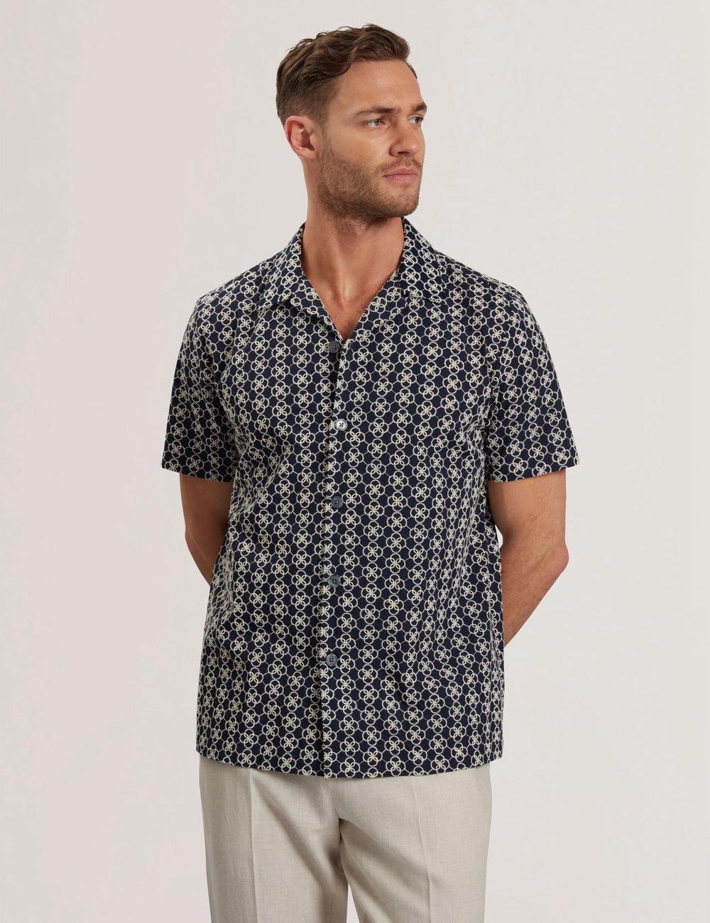 Navy Men Ted Baker FINLAYS - Short Sleeve Relaxed Embroidered Casual Shirts | NZ  MRYO-23190