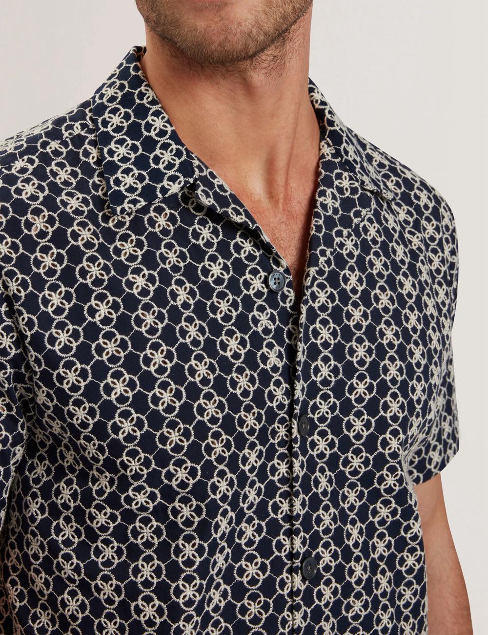 Navy Men Ted Baker FINLAYS - Short Sleeve Relaxed Embroidered Casual Shirts | NZ  MRYO-23190