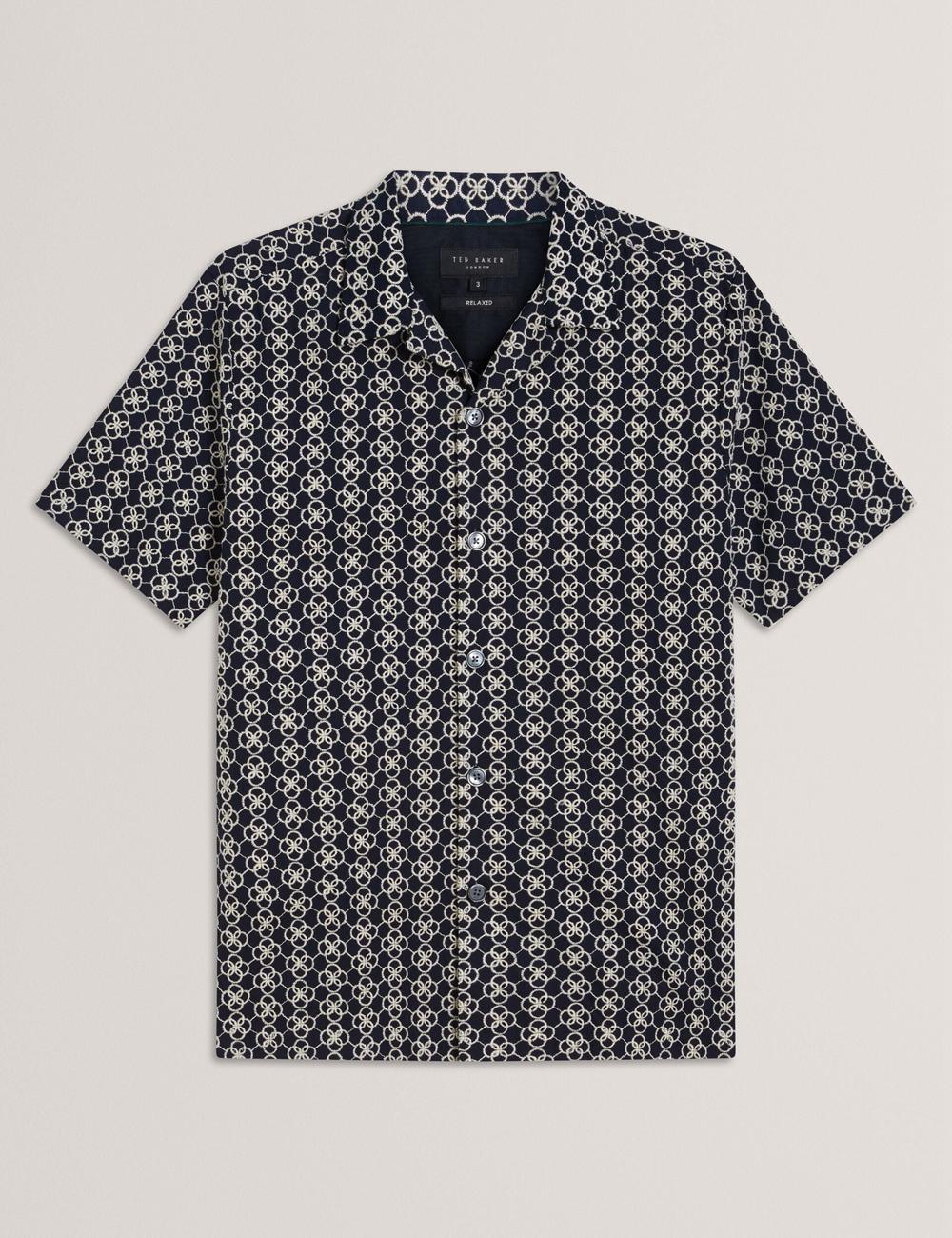 Navy Men Ted Baker FINLAYS - Short Sleeve Relaxed Embroidered Casual Shirts | NZ  MRYO-23190