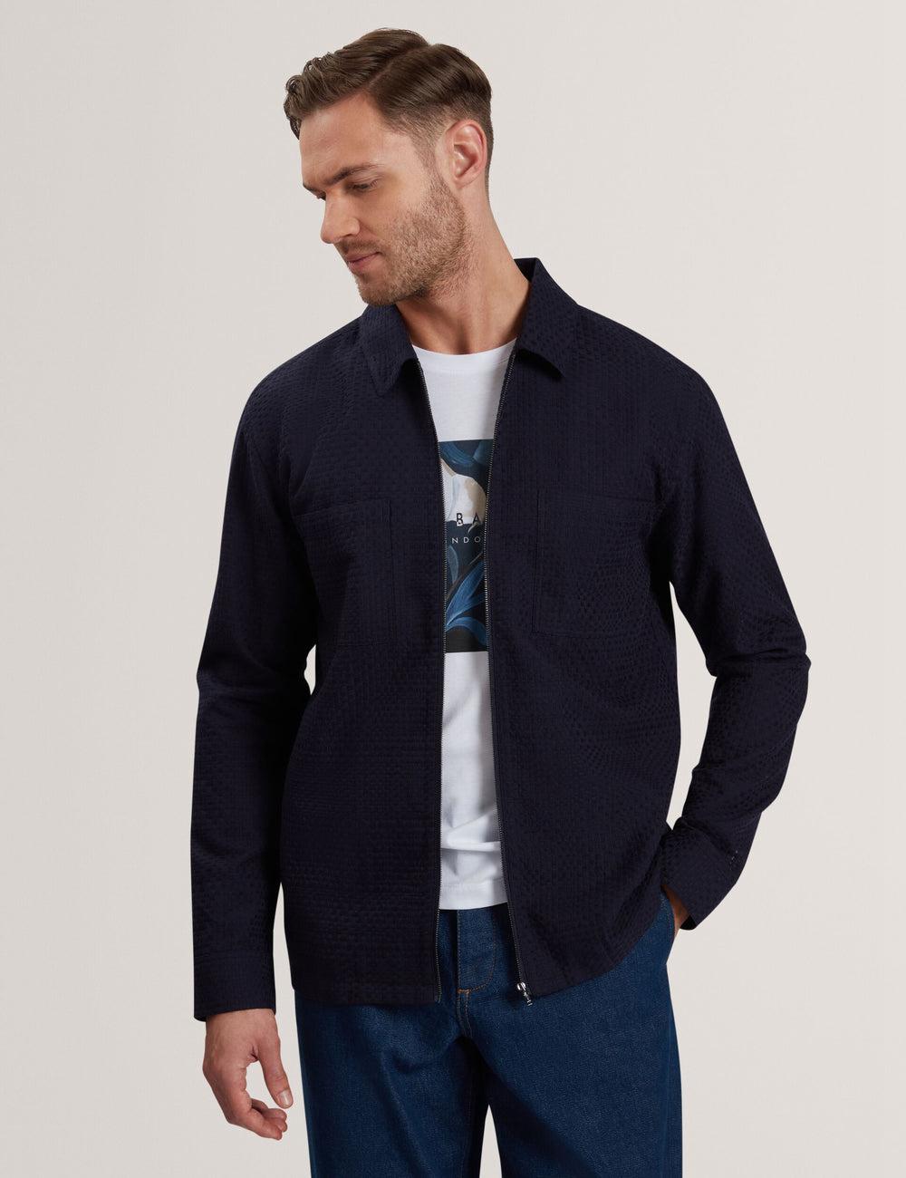 Navy Men Ted Baker KAILINS - Long Sleeve Zip-Through Cotton Overshirt Overshirts | NZ  OYGU-48276