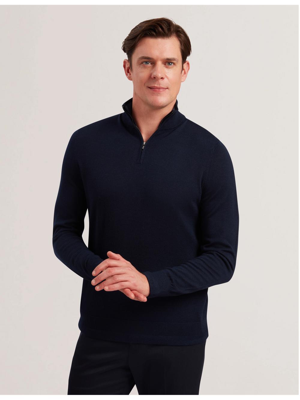 Navy Men Ted Baker LIMEHAS - Wool Quarter Zip Funnel Neck Sweater Jumpers | NZ  QDRM-94683