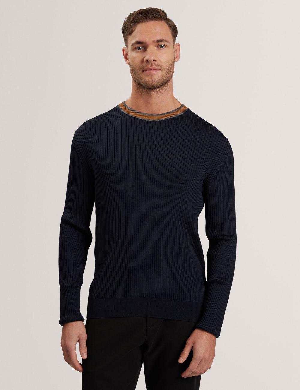 Navy Men Ted Baker NAYOR - Long Sleeve Rayon Ribbed Crew Neck Jumpers | NZ  OQEP-59037