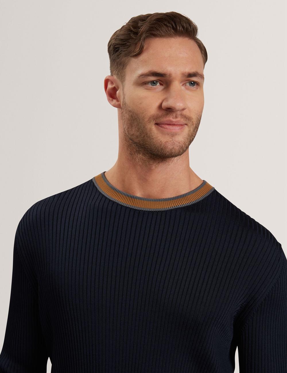 Navy Men Ted Baker NAYOR - Long Sleeve Rayon Ribbed Crew Neck Jumpers | NZ  OQEP-59037