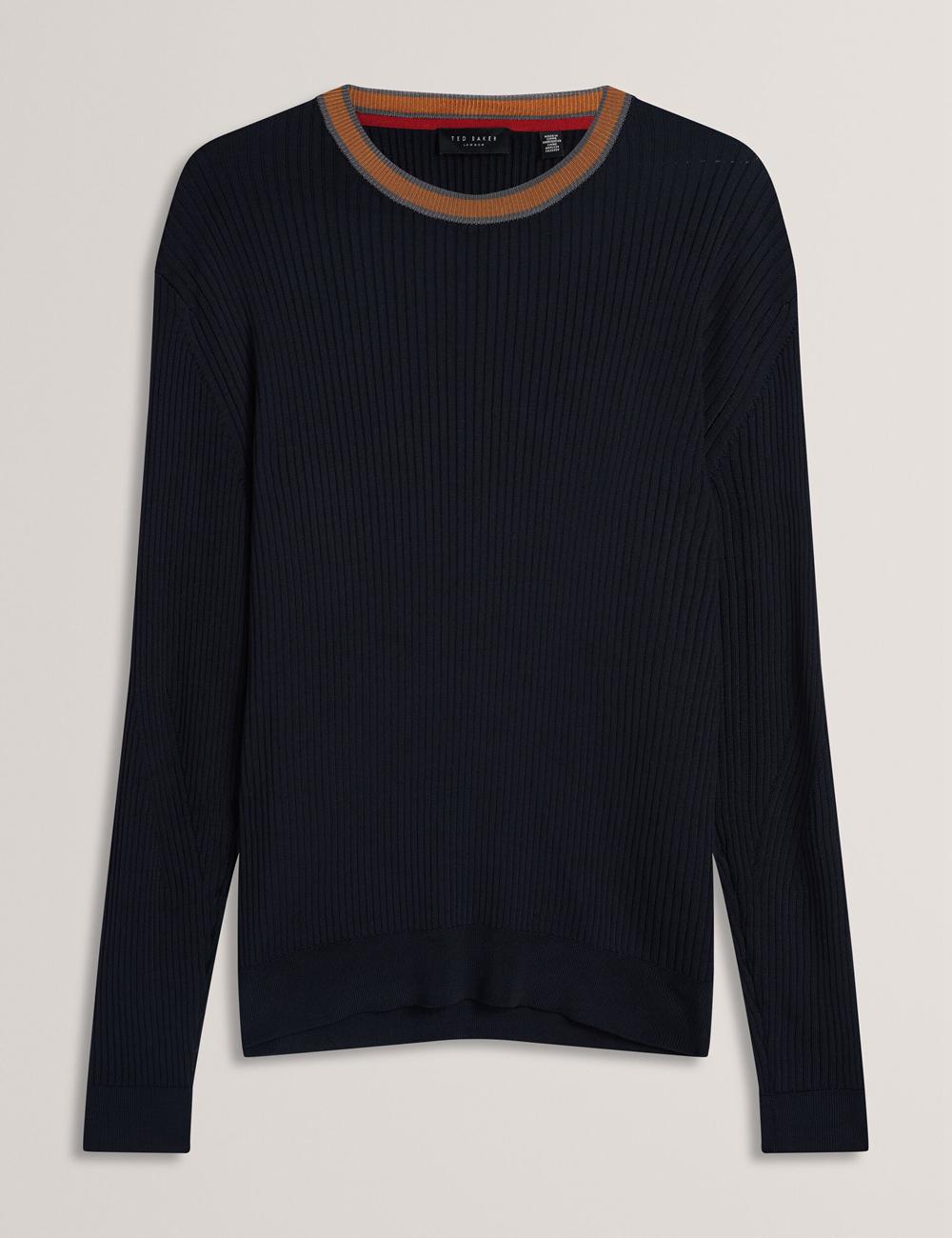 Navy Men Ted Baker NAYOR - Long Sleeve Rayon Ribbed Crew Neck Jumpers | NZ  OQEP-59037