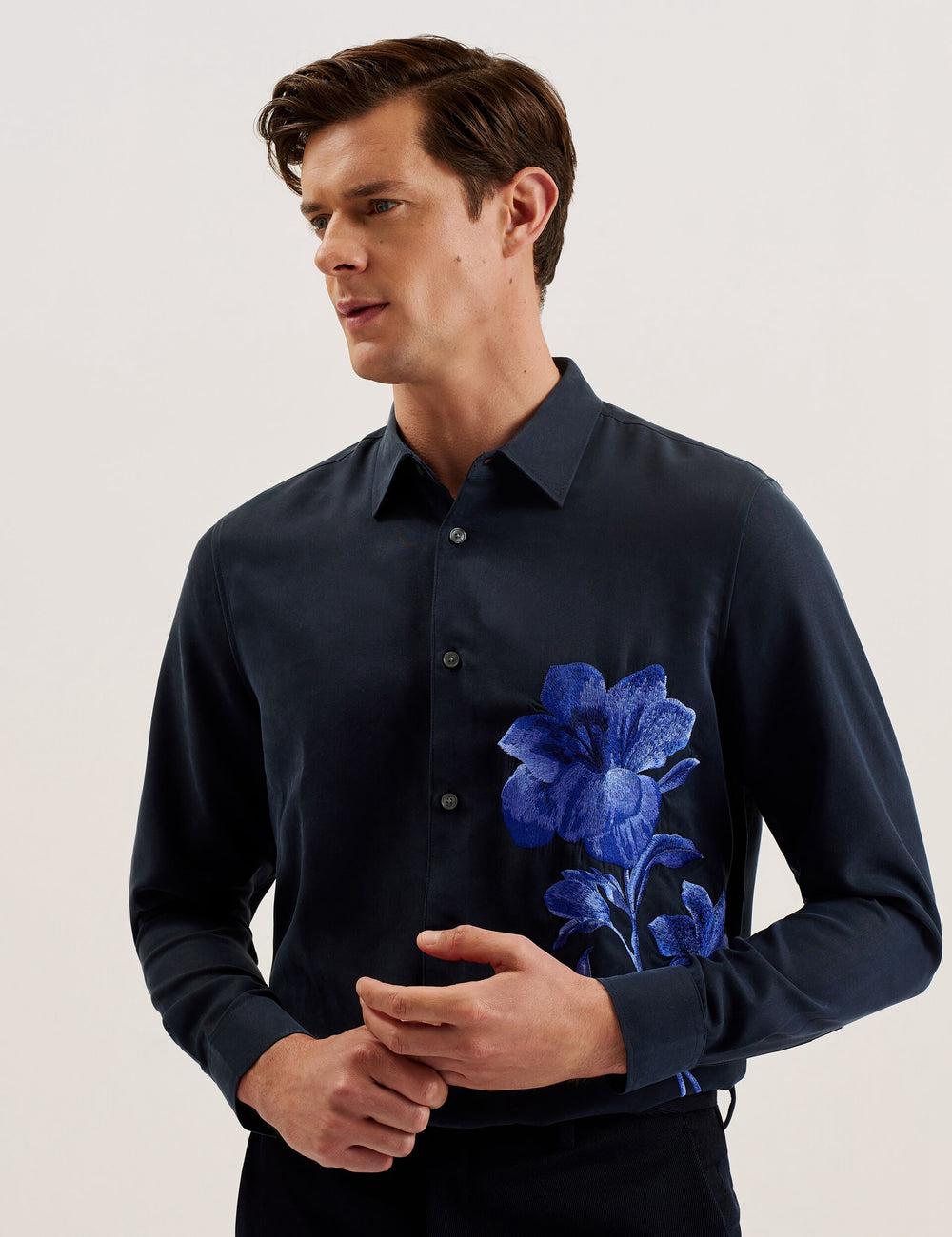 Navy Men Ted Baker NESSMEN - Embroidered Detail Relaxed Fit Casual Shirts | NZ  BSLH-92873