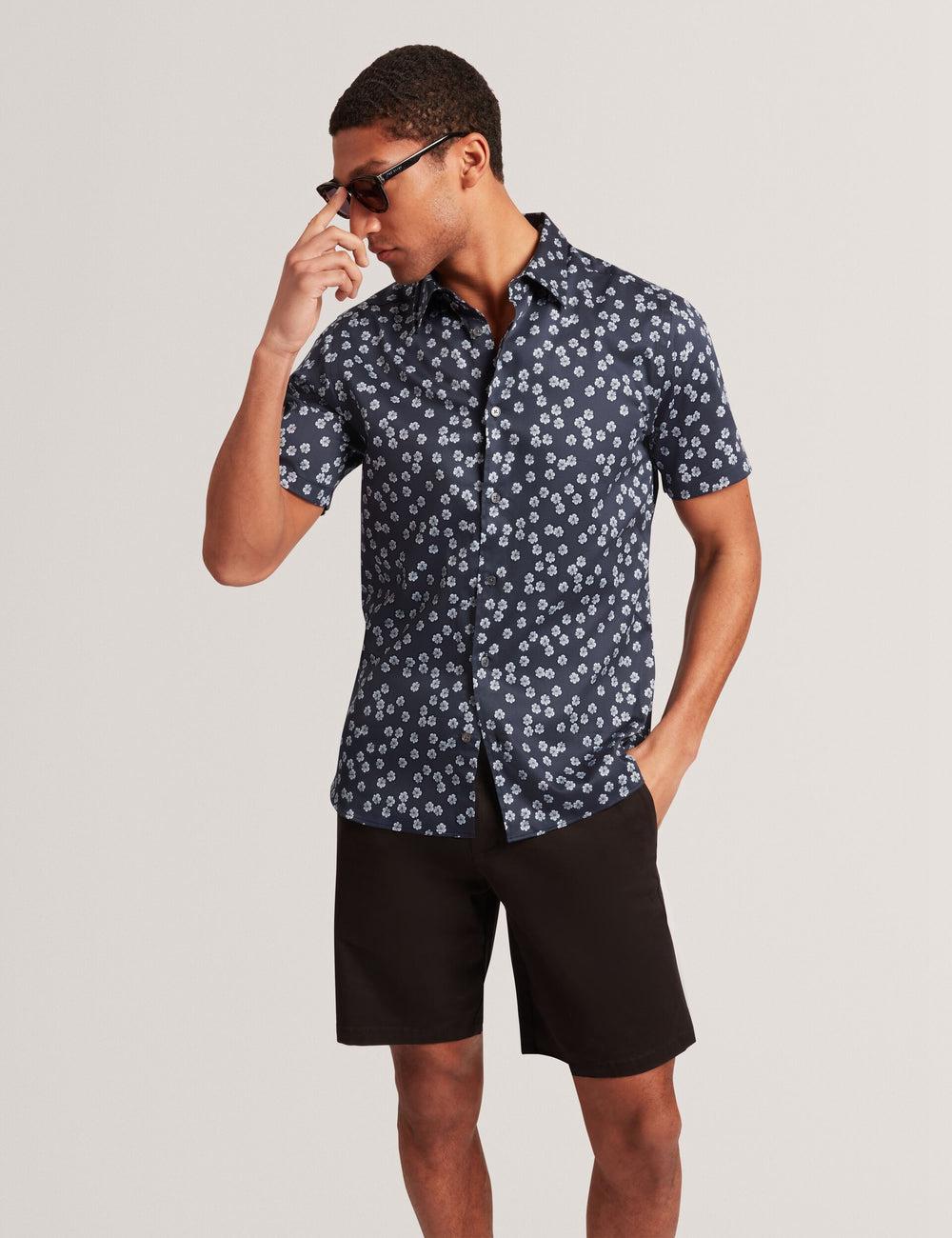 Navy Men Ted Baker NIKSHO - Short Sleeve Slim Ditsy Floral Casual Shirts | NZ  DKTA-23697