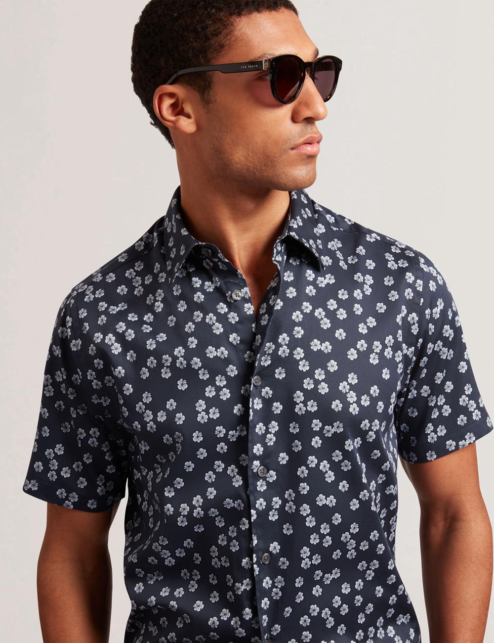 Navy Men Ted Baker NIKSHO - Short Sleeve Slim Ditsy Floral Casual Shirts | NZ  DKTA-23697