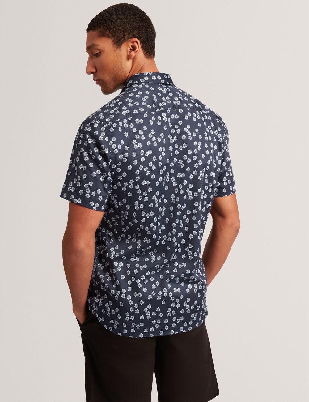 Navy Men Ted Baker NIKSHO - Short Sleeve Slim Ditsy Floral Casual Shirts | NZ  DKTA-23697