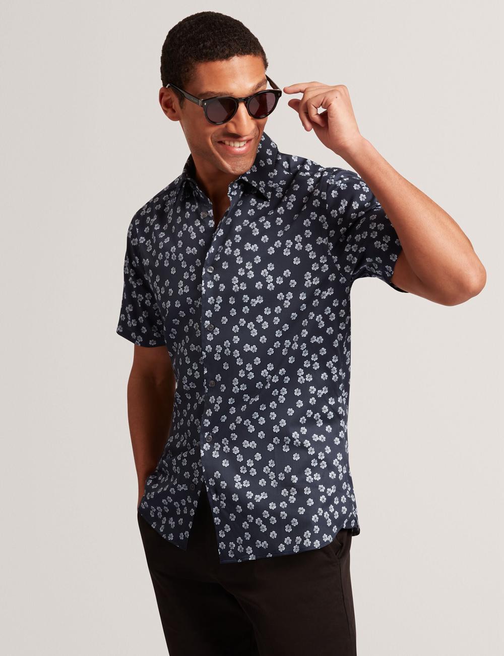 Navy Men Ted Baker NIKSHO - Short Sleeve Slim Ditsy Floral Casual Shirts | NZ  DKTA-23697