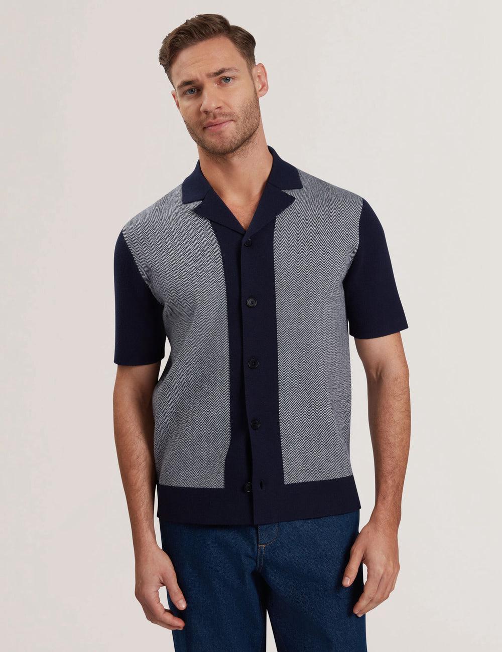 Navy Men Ted Baker PADRIG - Herringbone Knit Colour Block Short Sleeve Casual Shirts | NZ  QUSJ-98104