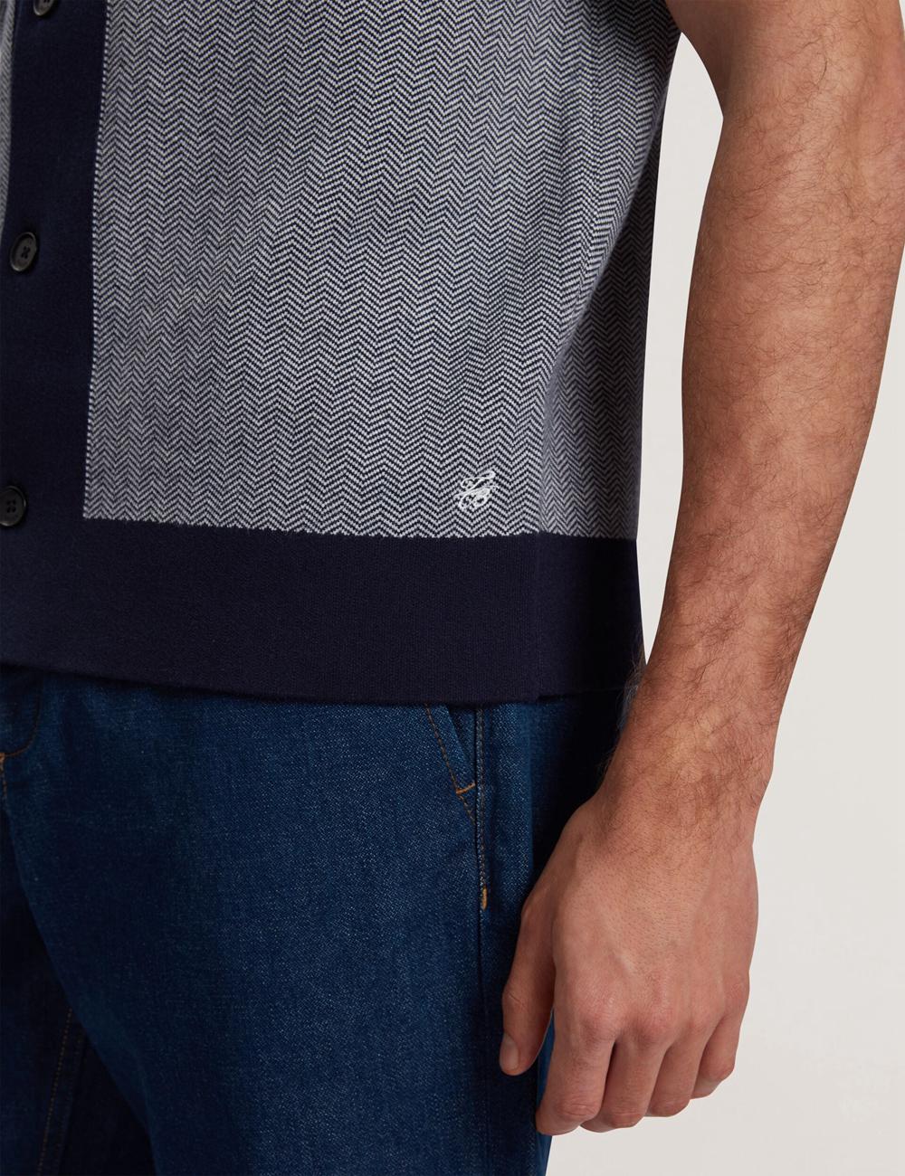Navy Men Ted Baker PADRIG - Herringbone Knit Colour Block Short Sleeve Casual Shirts | NZ  QUSJ-98104