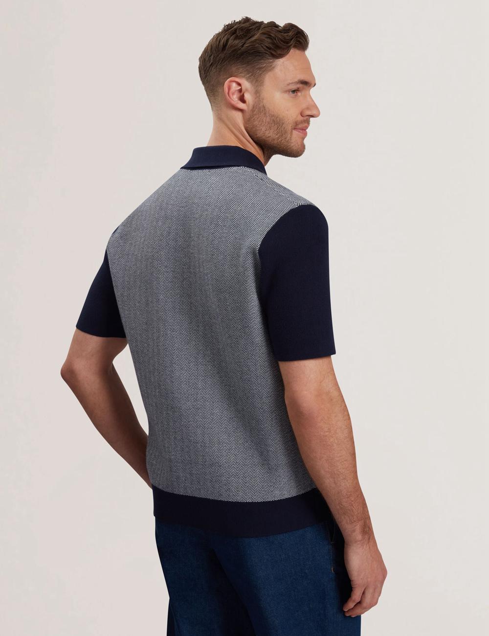 Navy Men Ted Baker PADRIG - Herringbone Knit Colour Block Short Sleeve Casual Shirts | NZ  QUSJ-98104