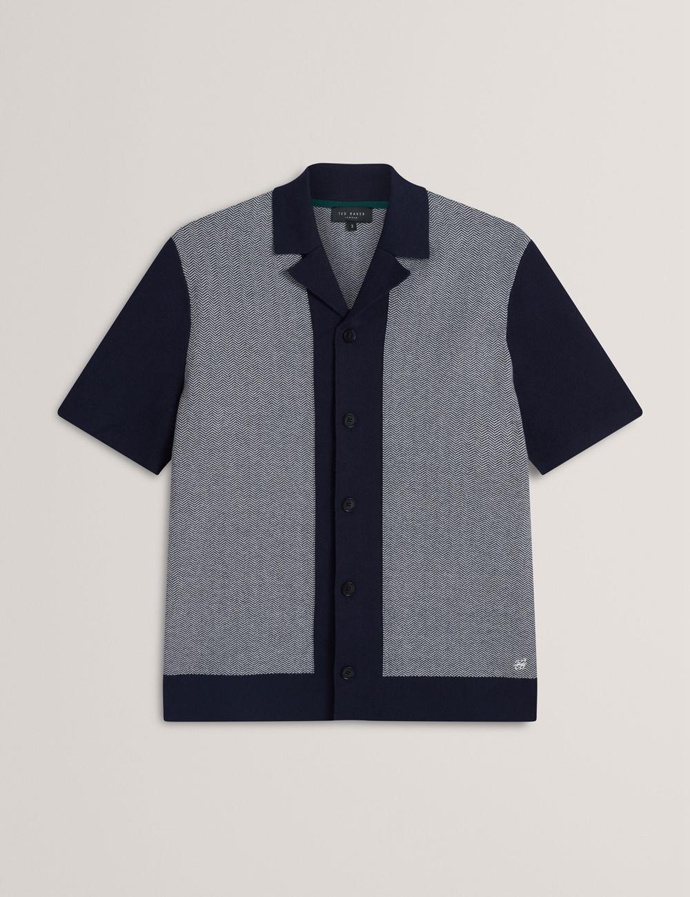Navy Men Ted Baker PADRIG - Herringbone Knit Colour Block Short Sleeve Casual Shirts | NZ  QUSJ-98104