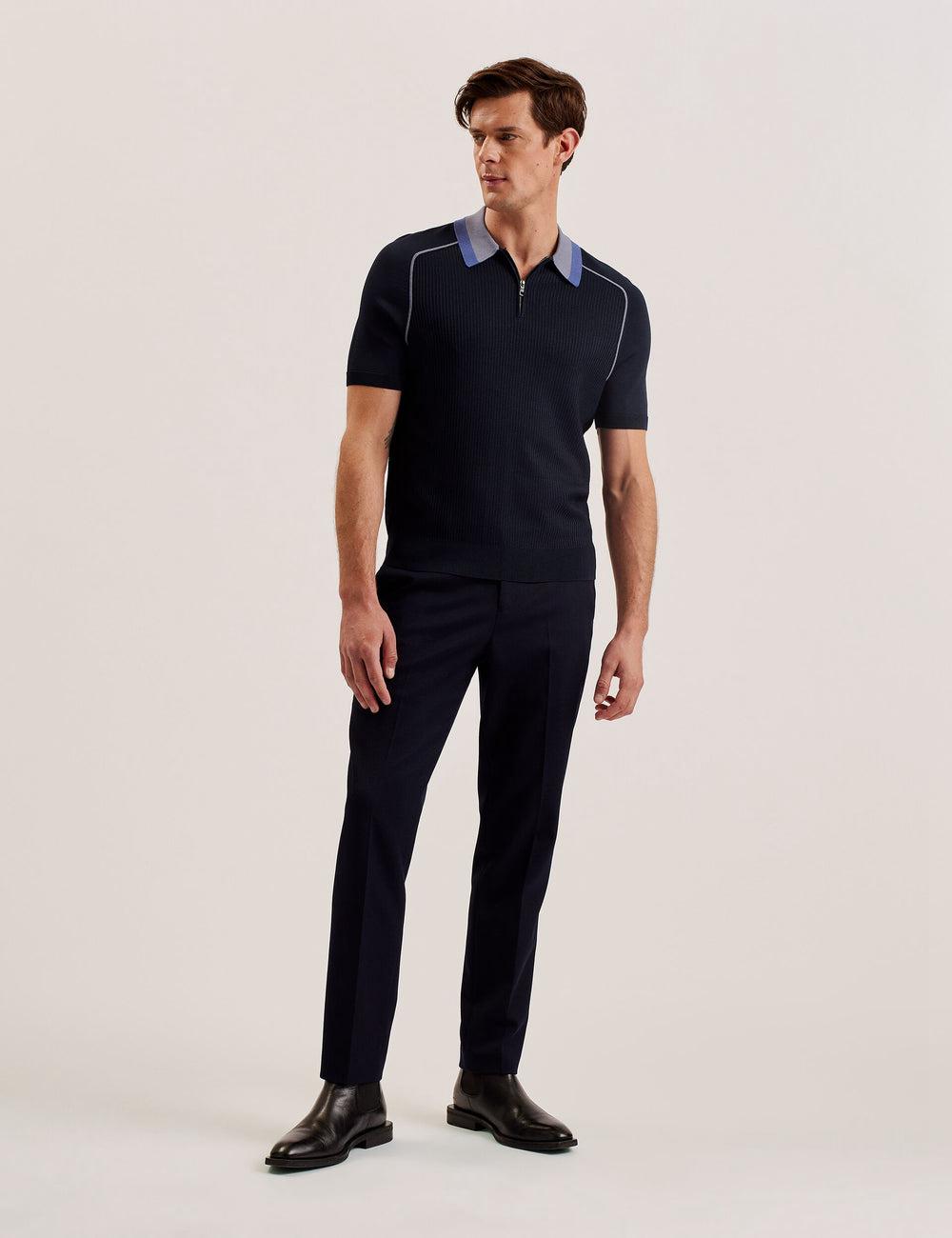 Navy Men Ted Baker PAXTO - Textured Zip With Striped Collar Polos Shirts | NZ  BTRU-14093