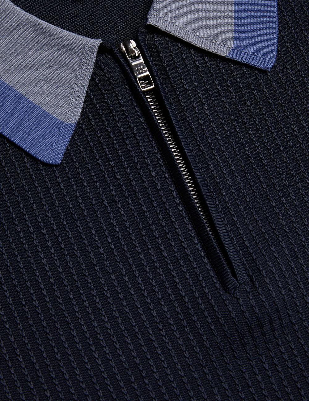 Navy Men Ted Baker PAXTO - Textured Zip With Striped Collar Polos Shirts | NZ  BTRU-14093