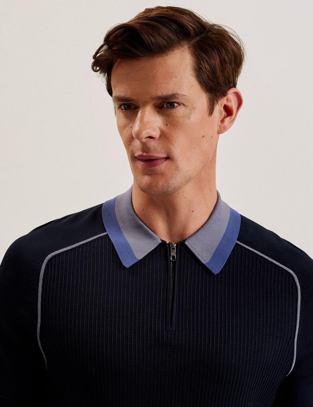 Navy Men Ted Baker PAXTO - Textured Zip With Striped Collar Polos Shirts | NZ  BTRU-14093
