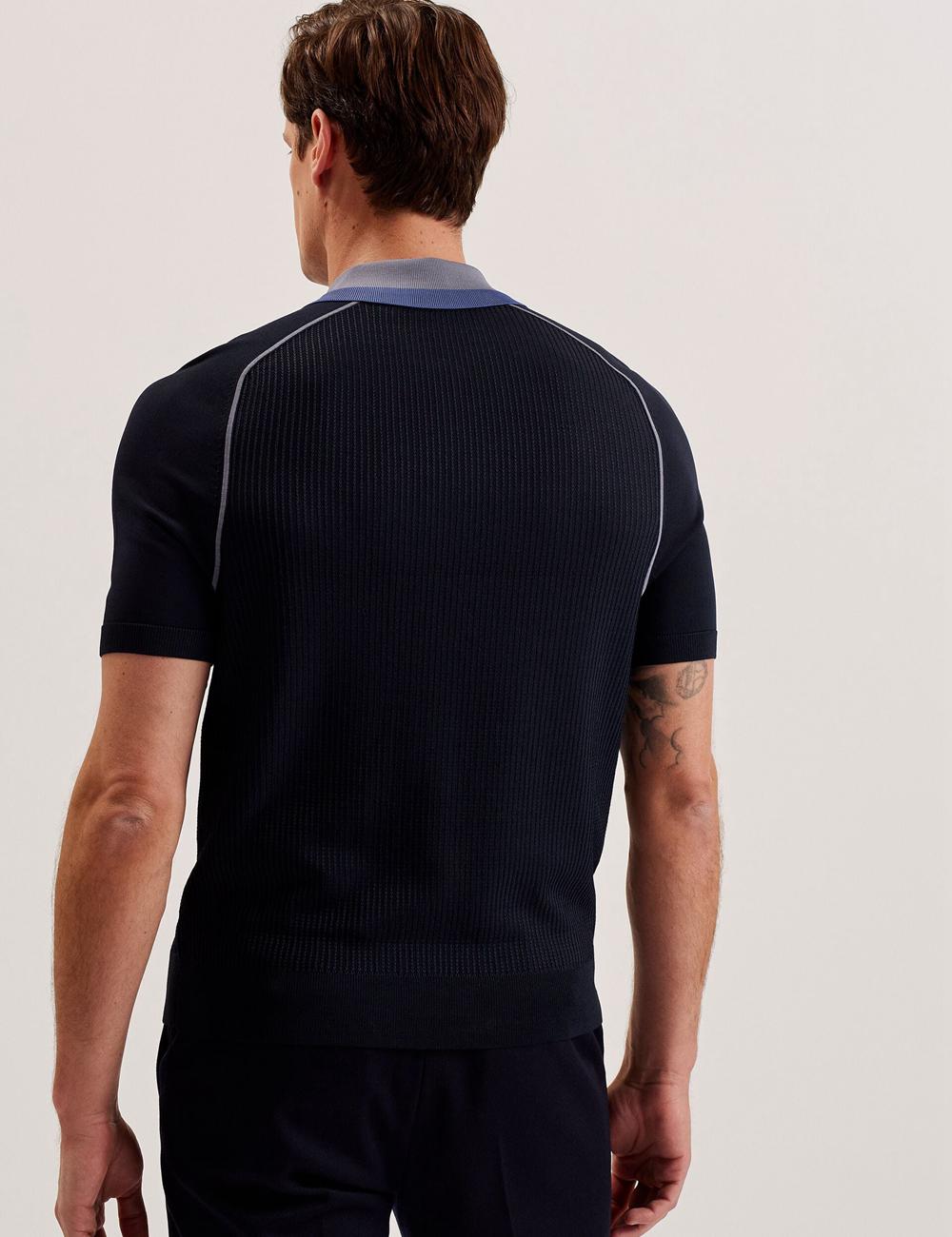 Navy Men Ted Baker PAXTO - Textured Zip With Striped Collar Polos Shirts | NZ  BTRU-14093