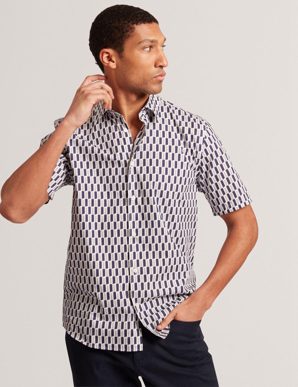 Navy Men Ted Baker PEARSOS - Geo Print Short Sleeve Cotton Casual Shirts | NZ  ZXAB-84279