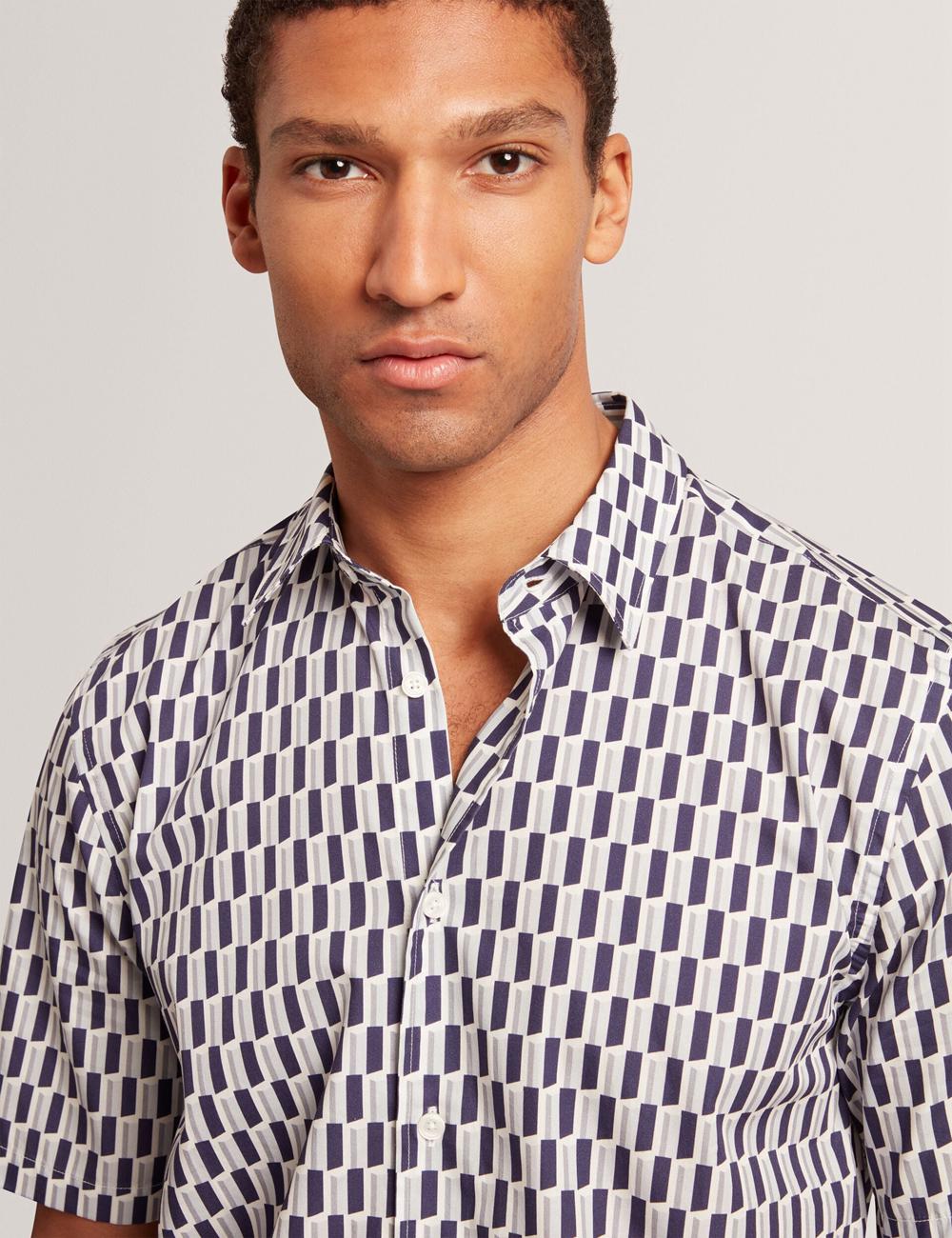 Navy Men Ted Baker PEARSOS - Geo Print Short Sleeve Cotton Casual Shirts | NZ  ZXAB-84279