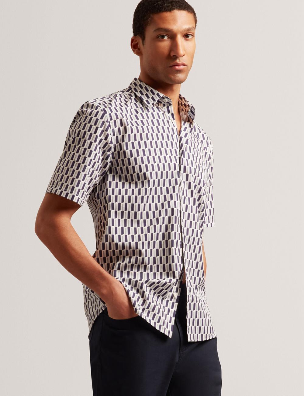 Navy Men Ted Baker PEARSOS - Geo Print Short Sleeve Cotton Casual Shirts | NZ  ZXAB-84279