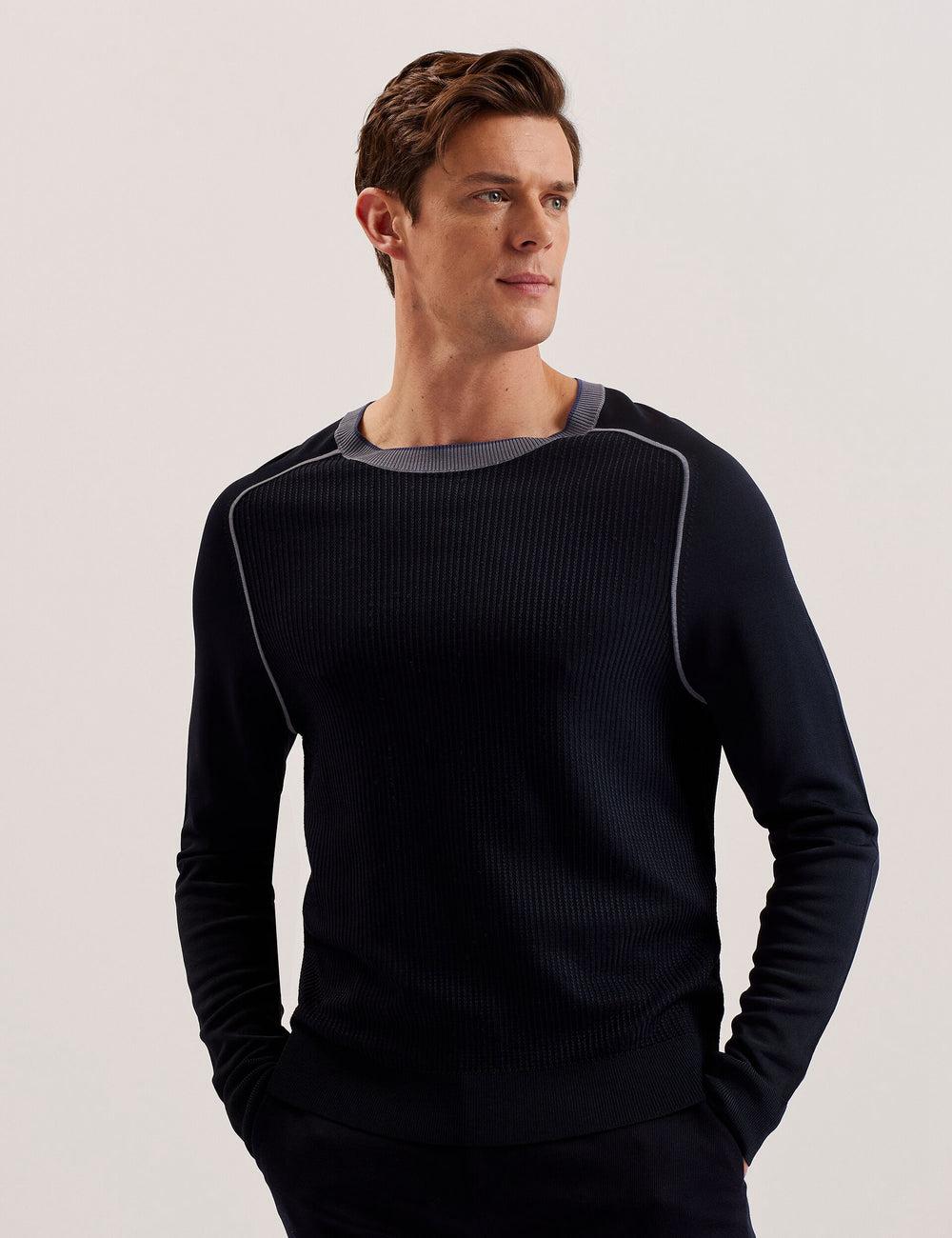 Navy Men Ted Baker TOREZ - Long Sleeve Textured Knit Top Jumpers | NZ  FHZD-90843