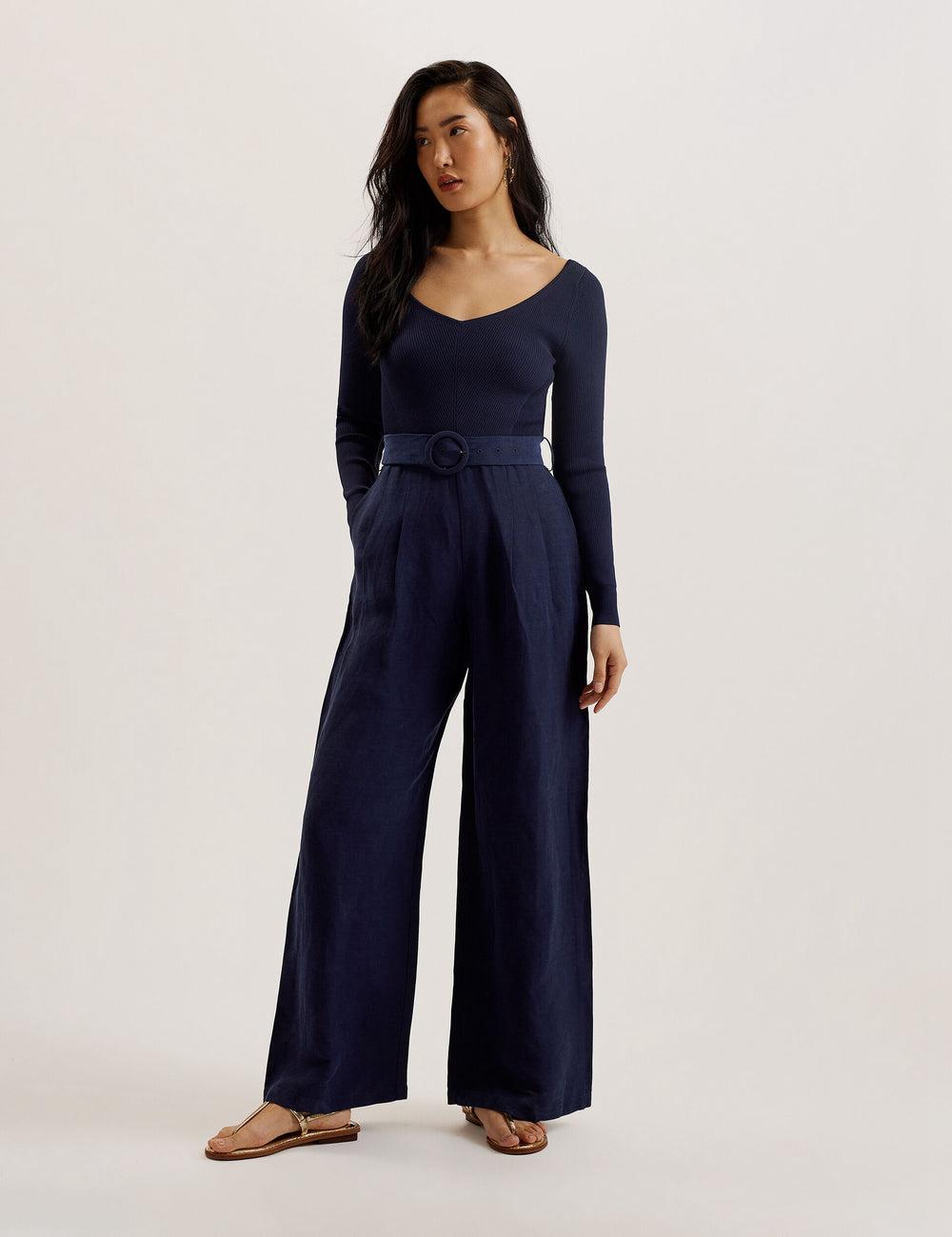 Navy Women Ted Baker AGATEA - Off Shoulder Belted Wide Leg Jumpsuits | NZ  UBRD-47019