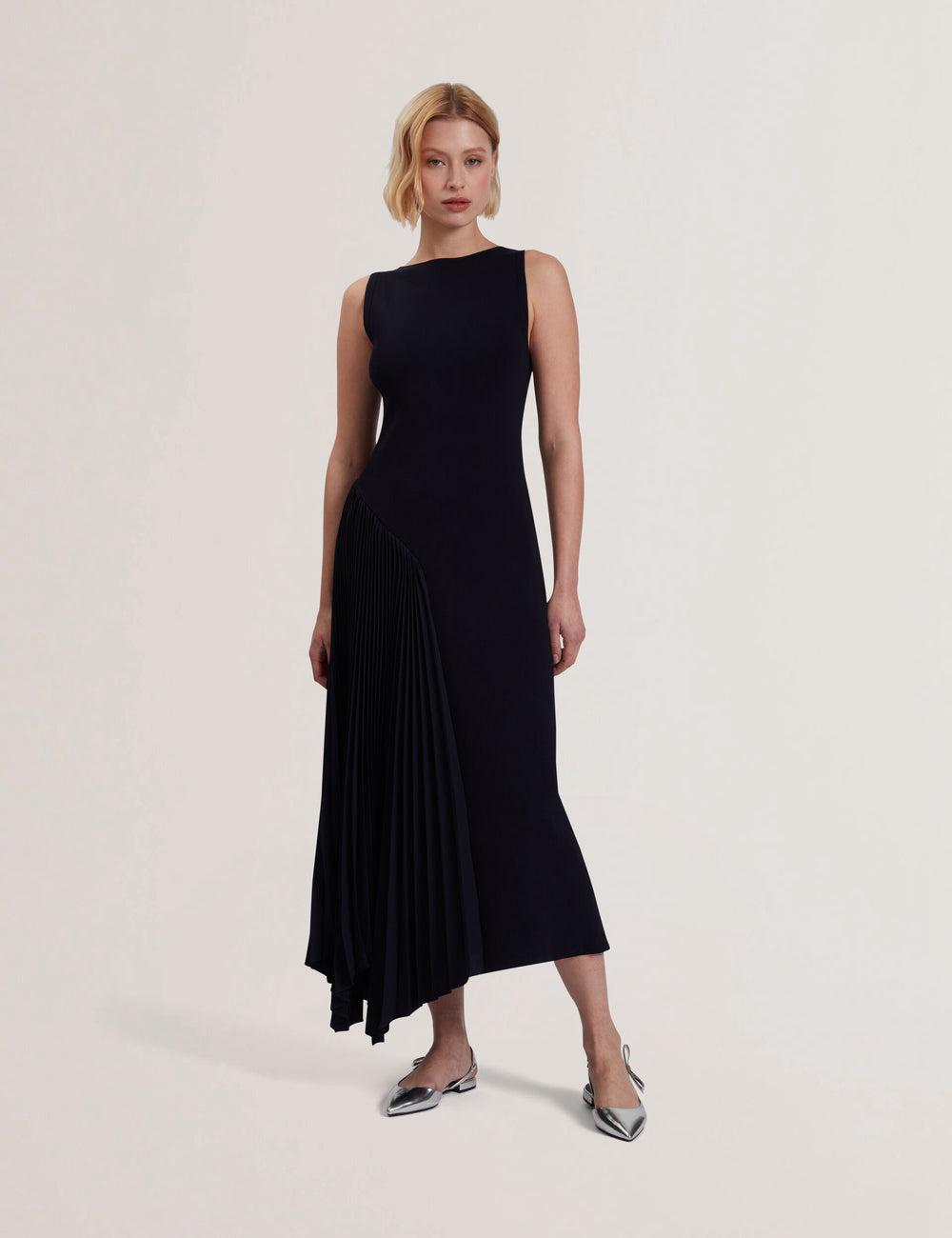 Navy Women Ted Baker AZZINA - Pleated Panel Sleeveless Knitted Midi Dresses | NZ  KPGF-64872