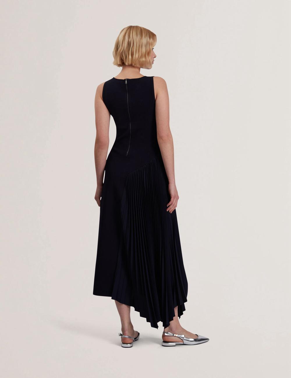 Navy Women Ted Baker AZZINA - Pleated Panel Sleeveless Knitted Midi Dresses | NZ  KPGF-64872