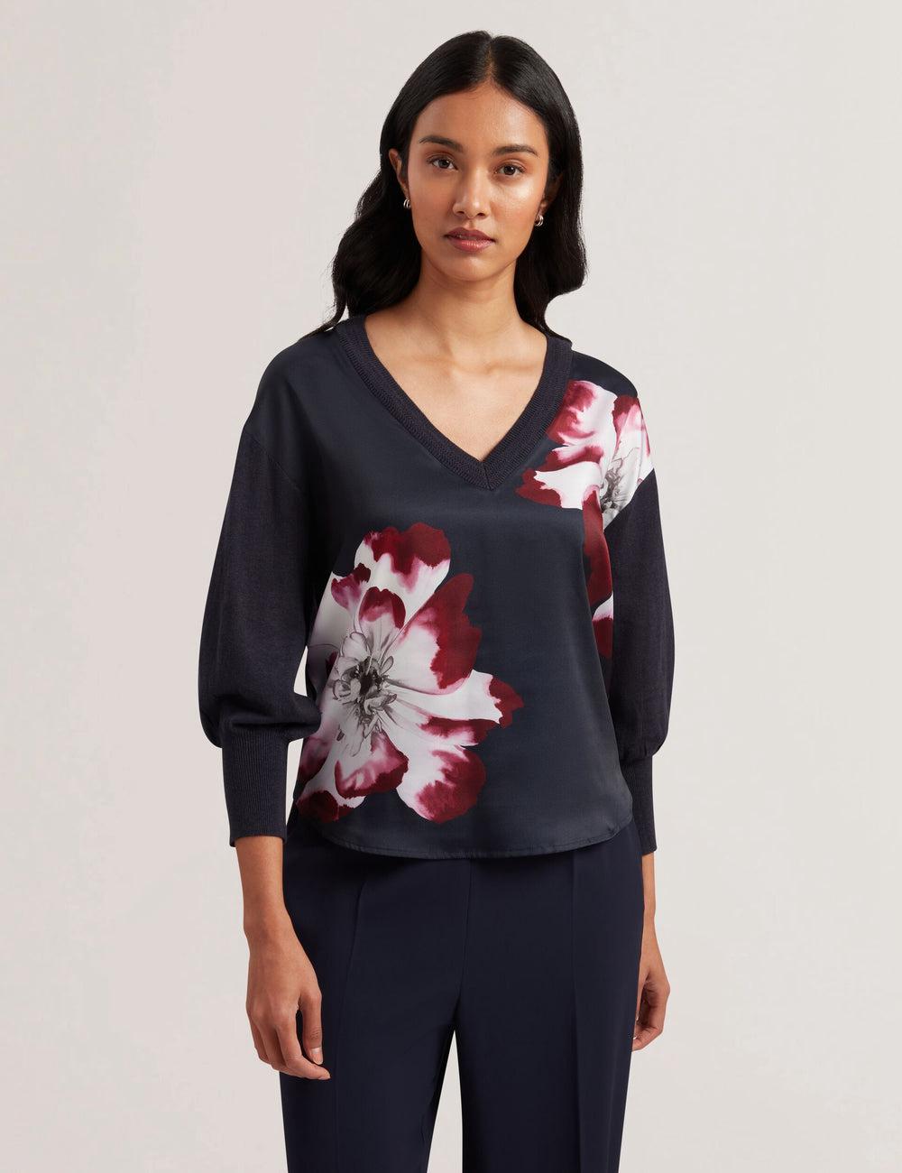 Navy Women Ted Baker CASEYJ - Printed Woven Front V-Neck Jumpers | NZ  ISWY-50692