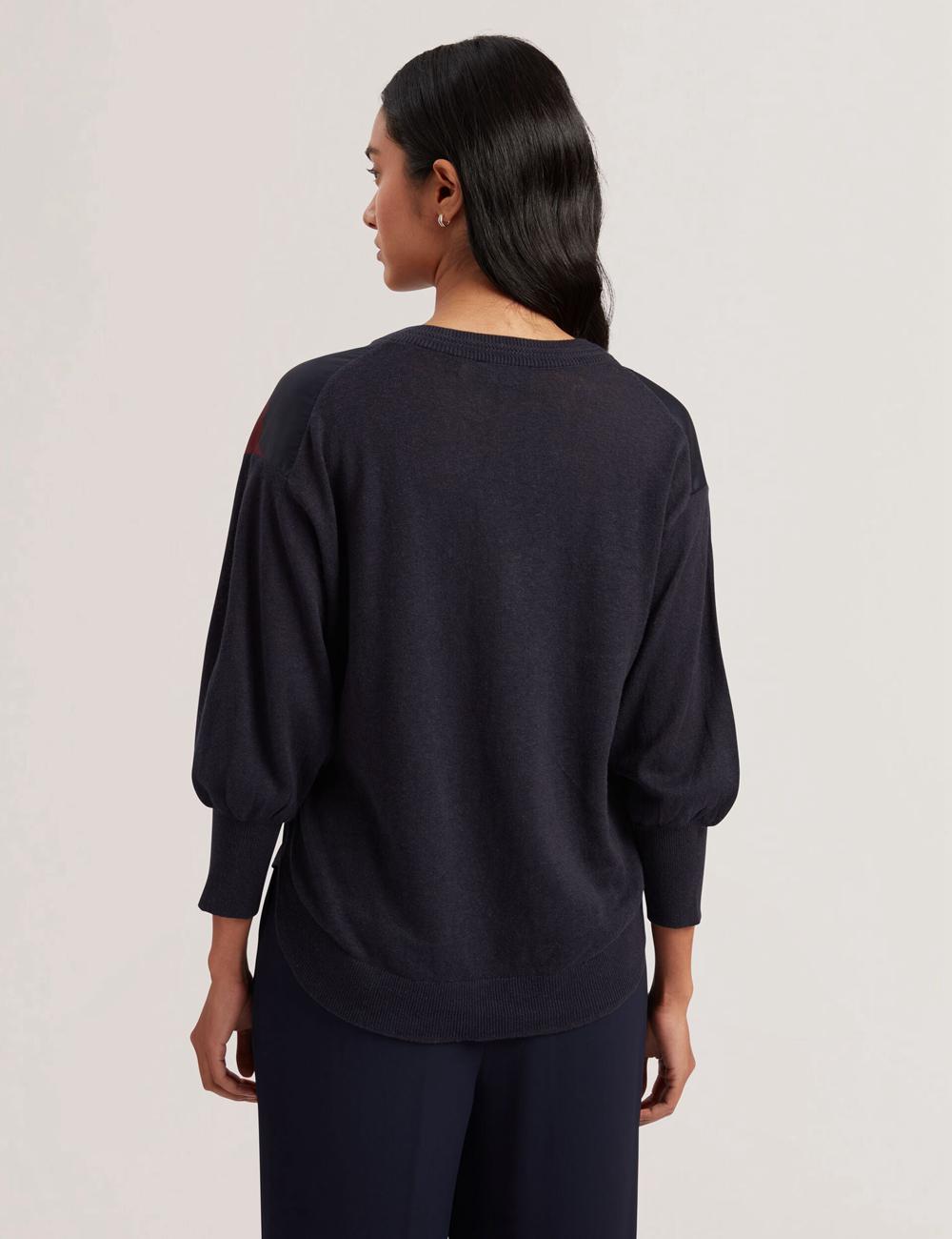 Navy Women Ted Baker CASEYJ - Printed Woven Front V-Neck Jumpers | NZ  ISWY-50692