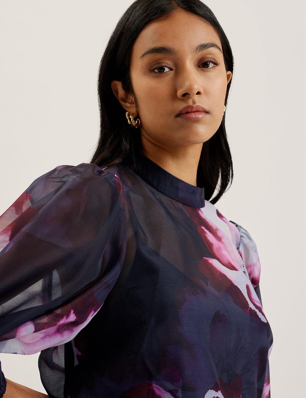 Navy Women Ted Baker CATALO - Floral Print Balloon Sleeve Organza Top Blouses | NZ  QIWR-60125
