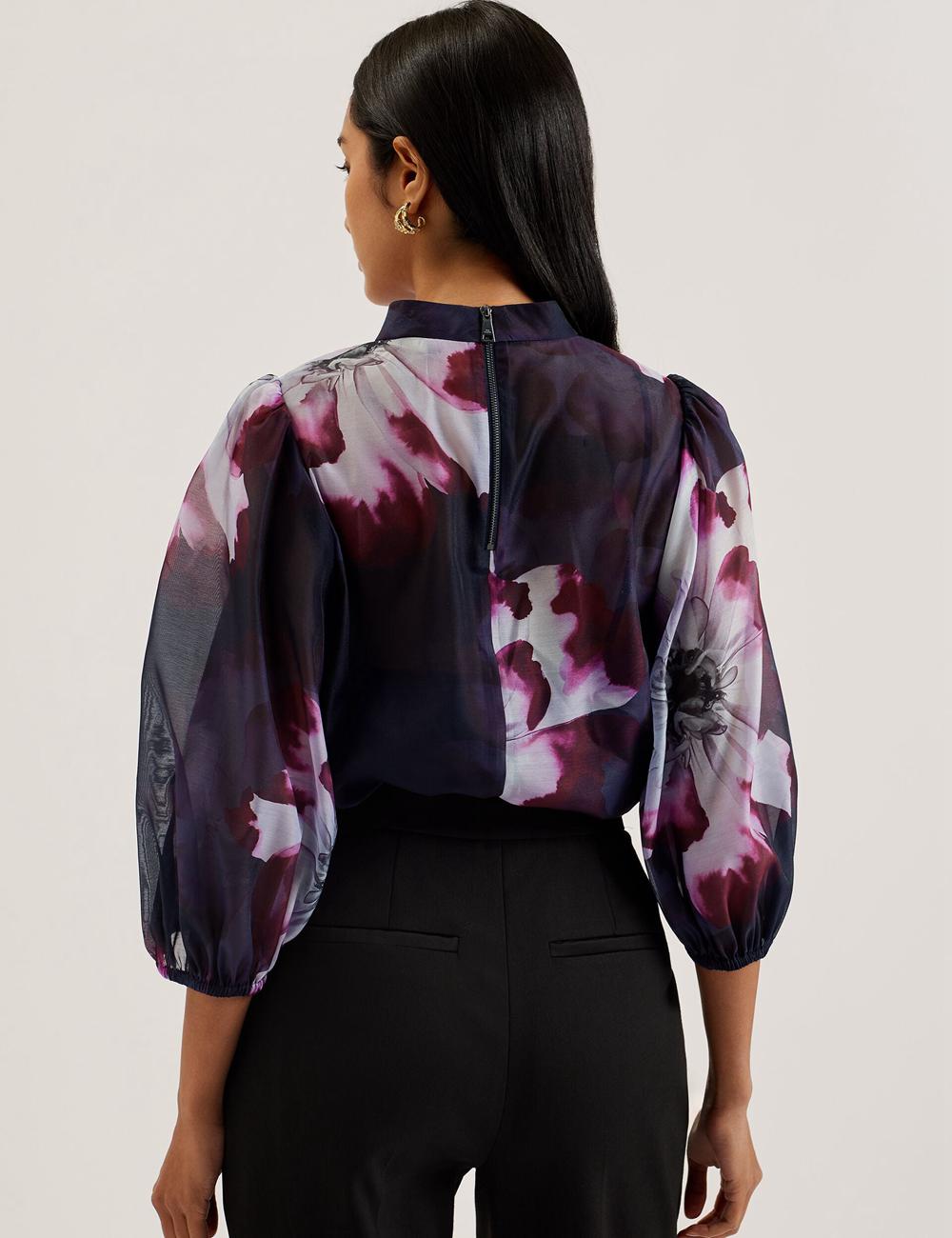 Navy Women Ted Baker CATALO - Floral Print Balloon Sleeve Organza Top Blouses | NZ  QIWR-60125