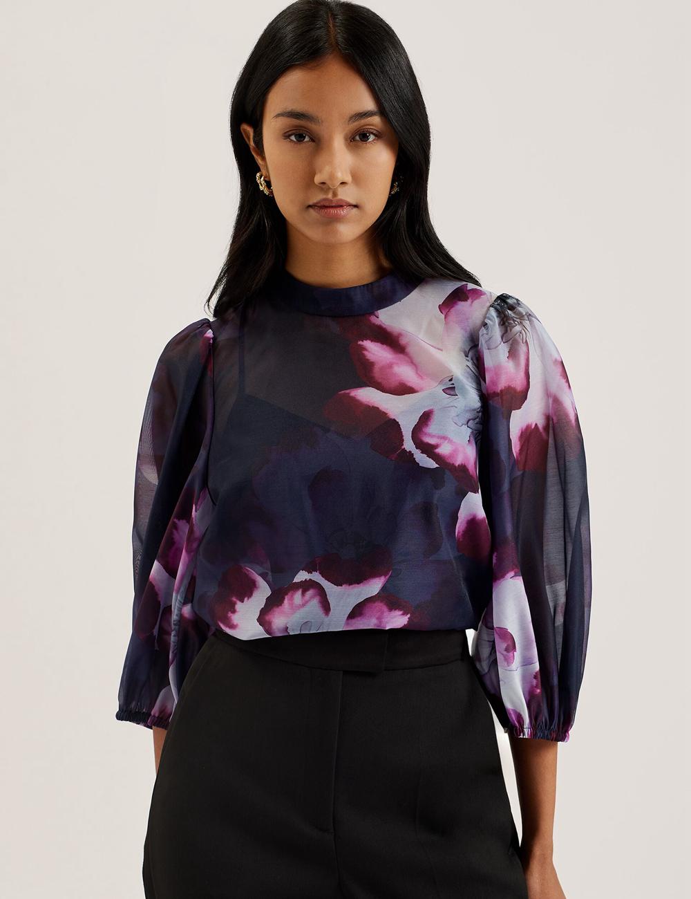 Navy Women Ted Baker CATALO - Floral Print Balloon Sleeve Organza Top Blouses | NZ  QIWR-60125