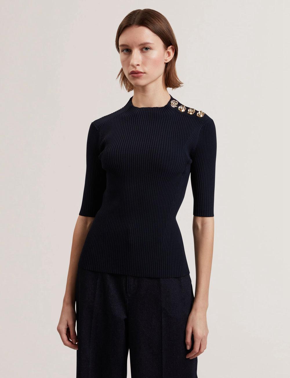 Navy Women Ted Baker EELIIA - Ribbed Knit Short Sleeve With Rose Buttons Tops | NZ  KLNI-46031