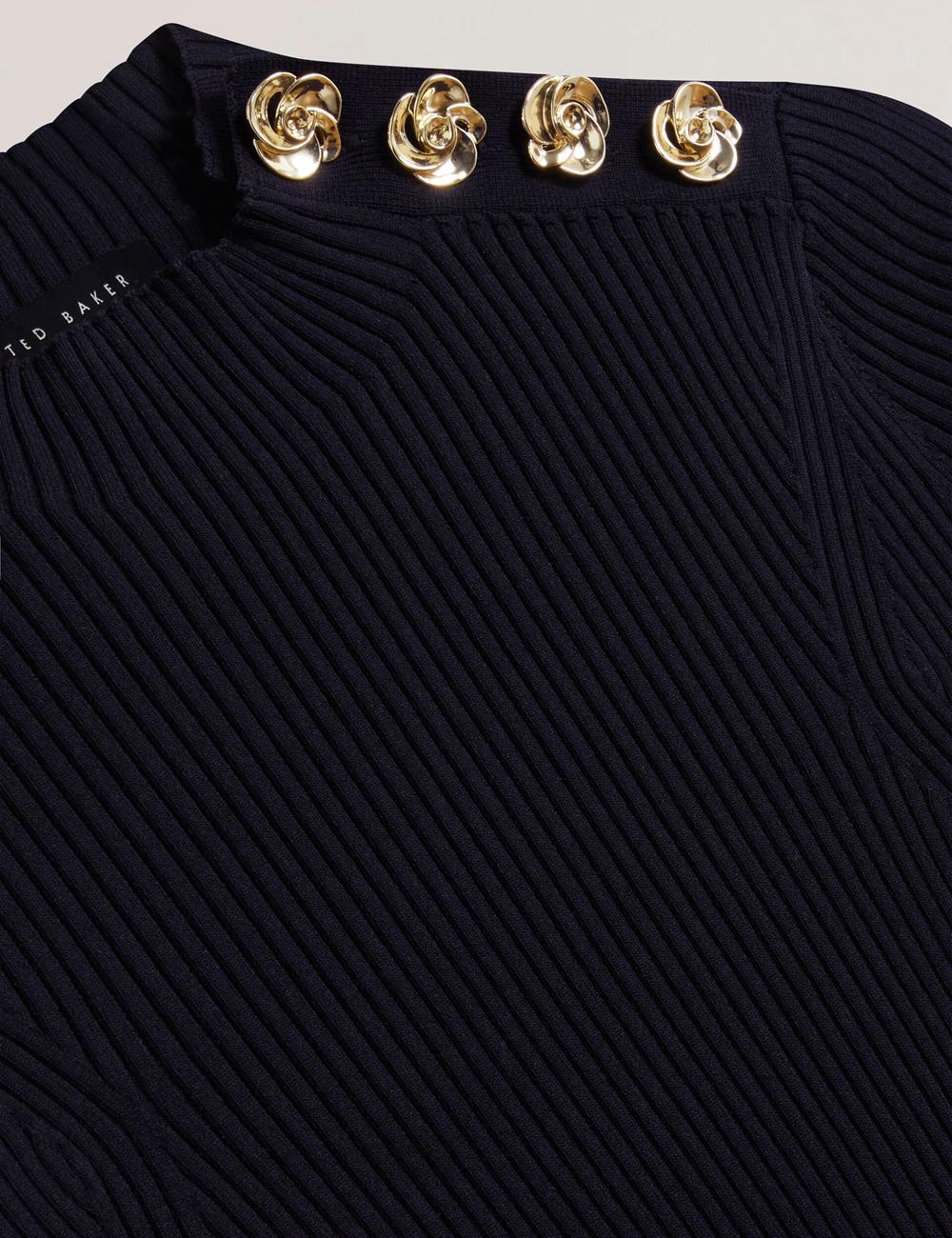 Navy Women Ted Baker EELIIA - Ribbed Knit Short Sleeve With Rose Buttons Tops | NZ  KLNI-46031