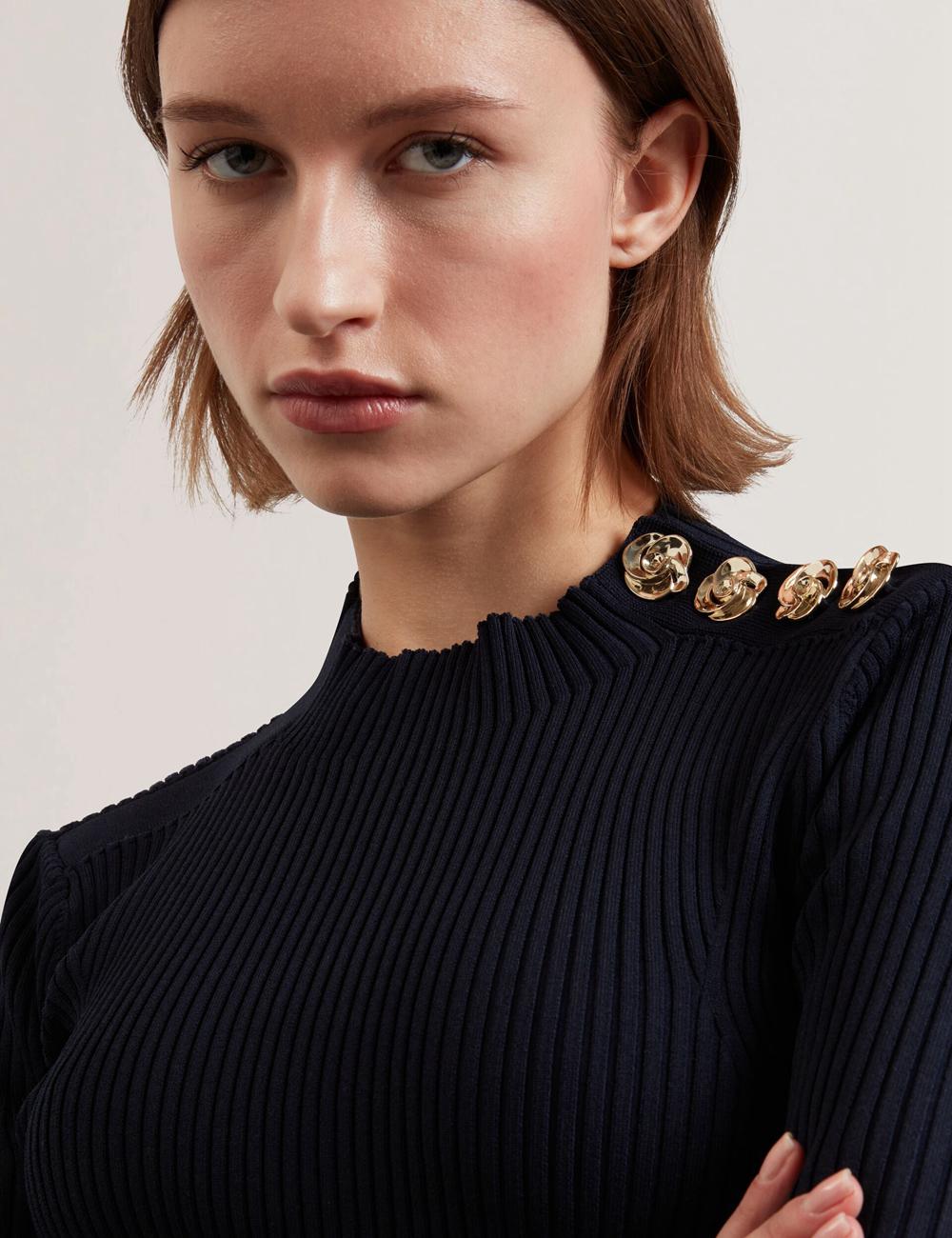 Navy Women Ted Baker EELIIA - Ribbed Knit Short Sleeve With Rose Buttons Tops | NZ  KLNI-46031
