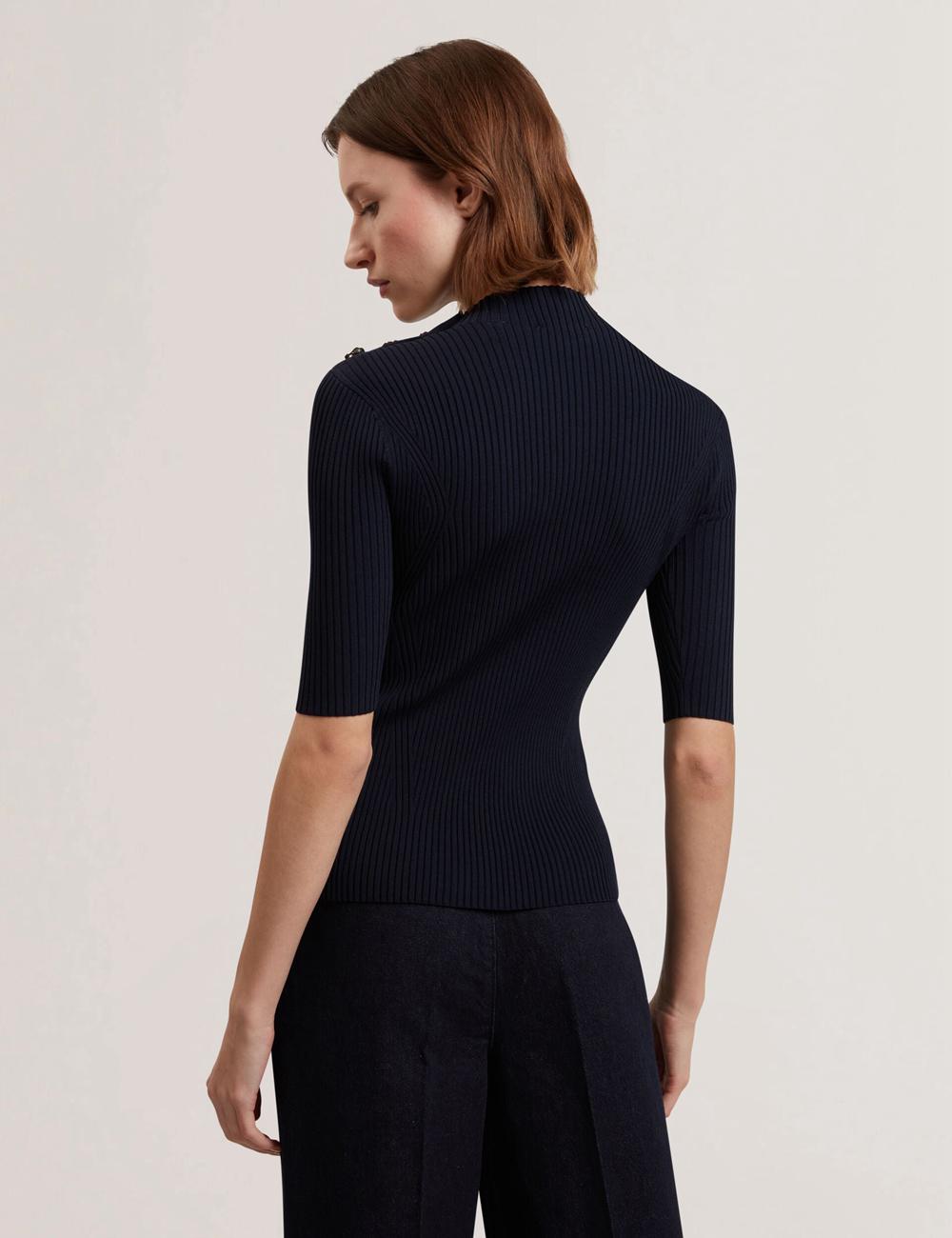 Navy Women Ted Baker EELIIA - Ribbed Knit Short Sleeve With Rose Buttons Tops | NZ  KLNI-46031