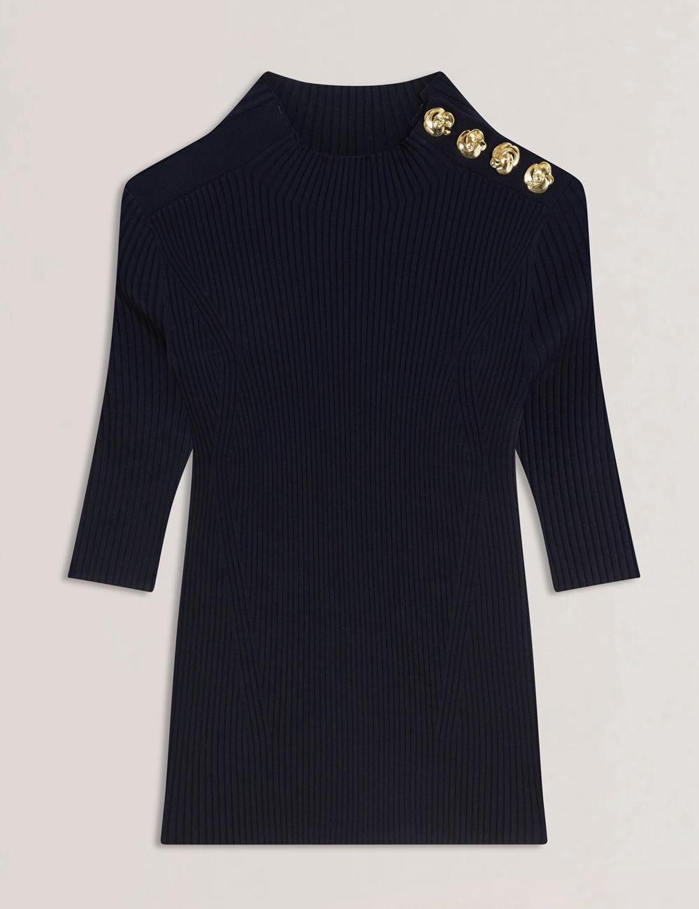Navy Women Ted Baker EELIIA - Ribbed Knit Short Sleeve With Rose Buttons Tops | NZ  KLNI-46031