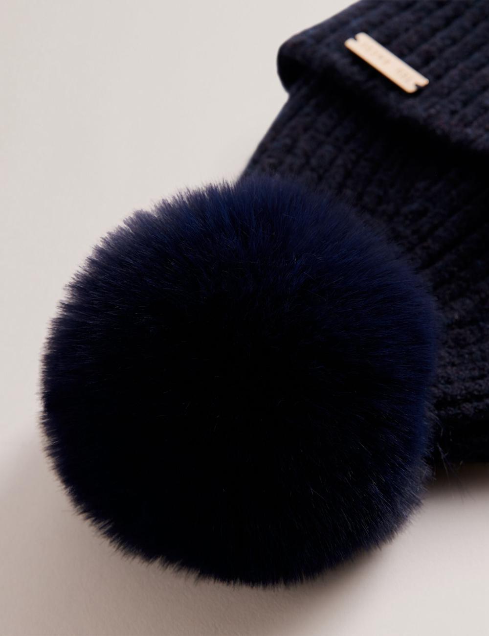 Navy Women Ted Baker EMILYYA - Ribbed Knit Fluffy Bobble Hats | NZ  ZJHO-43852