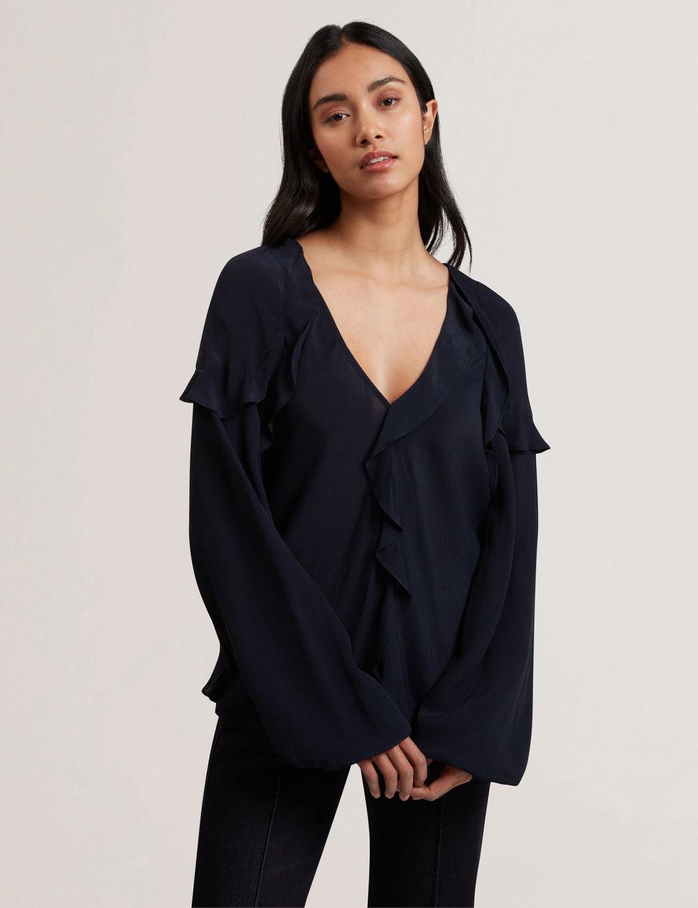 Navy Women Ted Baker KAYFA - Waterfall Ruffle Trim Long Sleeve Blouses | NZ  SKNZ-21058