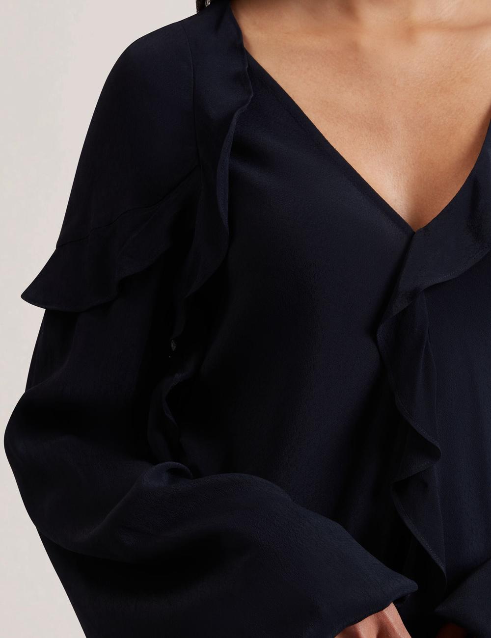 Navy Women Ted Baker KAYFA - Waterfall Ruffle Trim Long Sleeve Blouses | NZ  SKNZ-21058