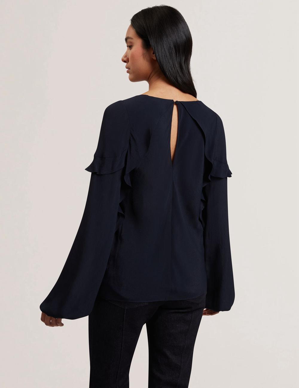 Navy Women Ted Baker KAYFA - Waterfall Ruffle Trim Long Sleeve Blouses | NZ  SKNZ-21058