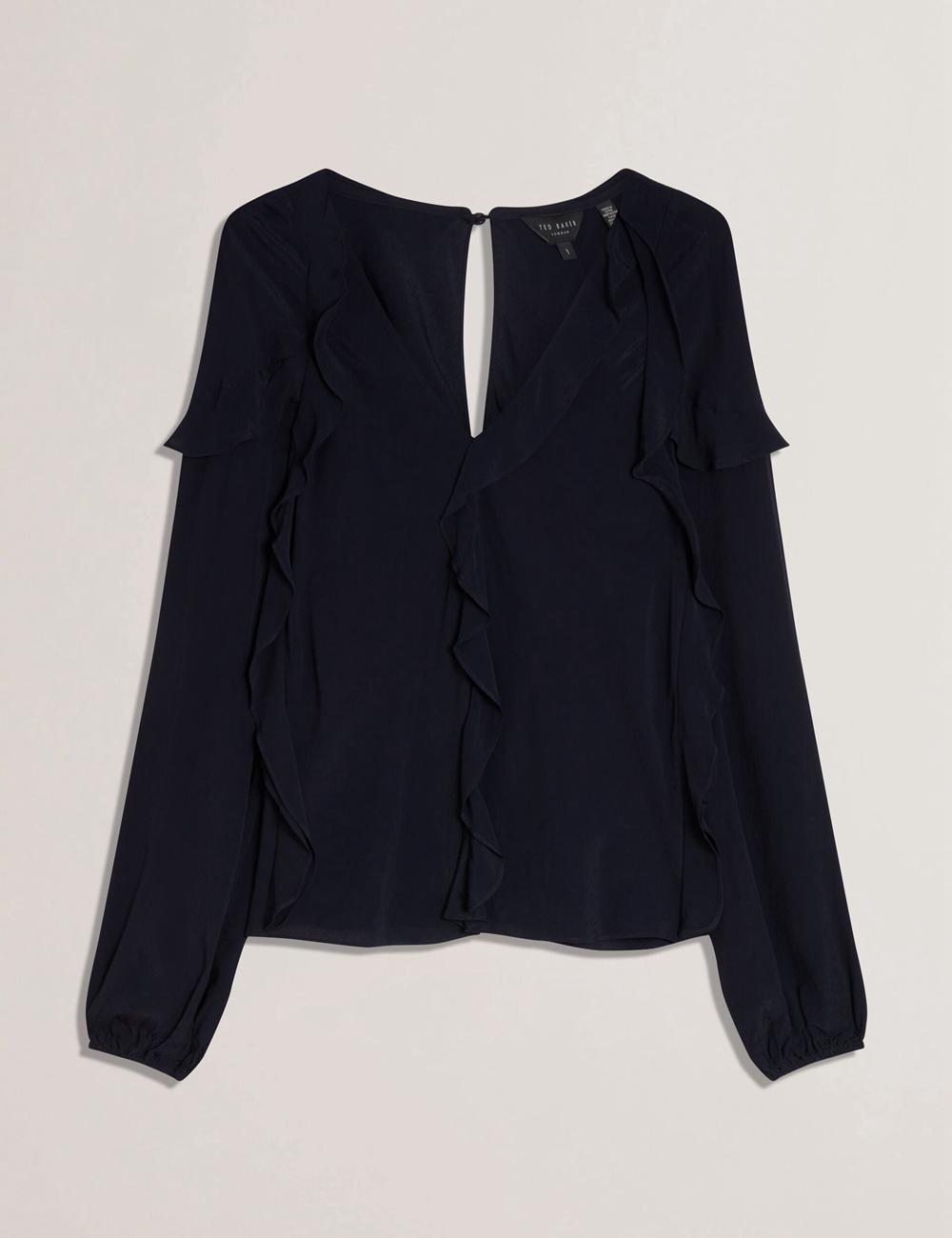 Navy Women Ted Baker KAYFA - Waterfall Ruffle Trim Long Sleeve Blouses | NZ  SKNZ-21058