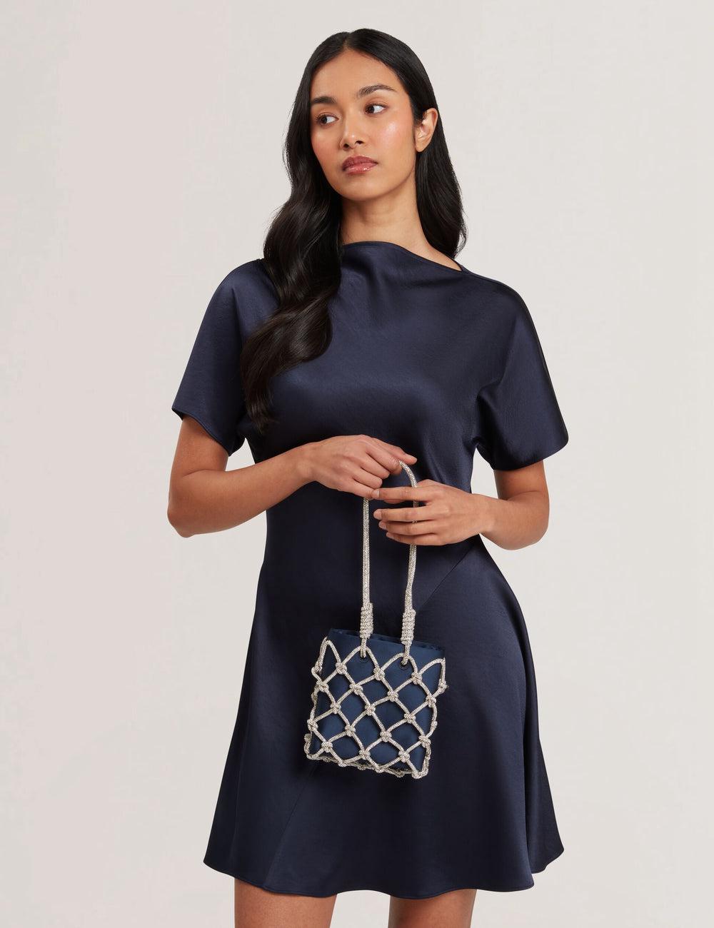 Navy Women Ted Baker KYLIA - Crystal Cage Satin Mini Shoulder Bags | NZ  FLSO-54183